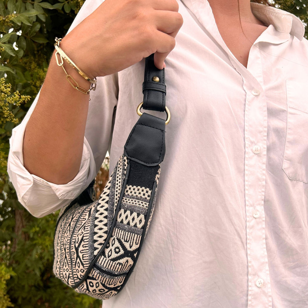Jacquard Hobo Bag Grey Metro with Black Strap for Everyday Use