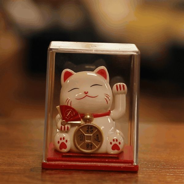 Mini Solar Powered Japanese Lucky Cat in Display Box – White