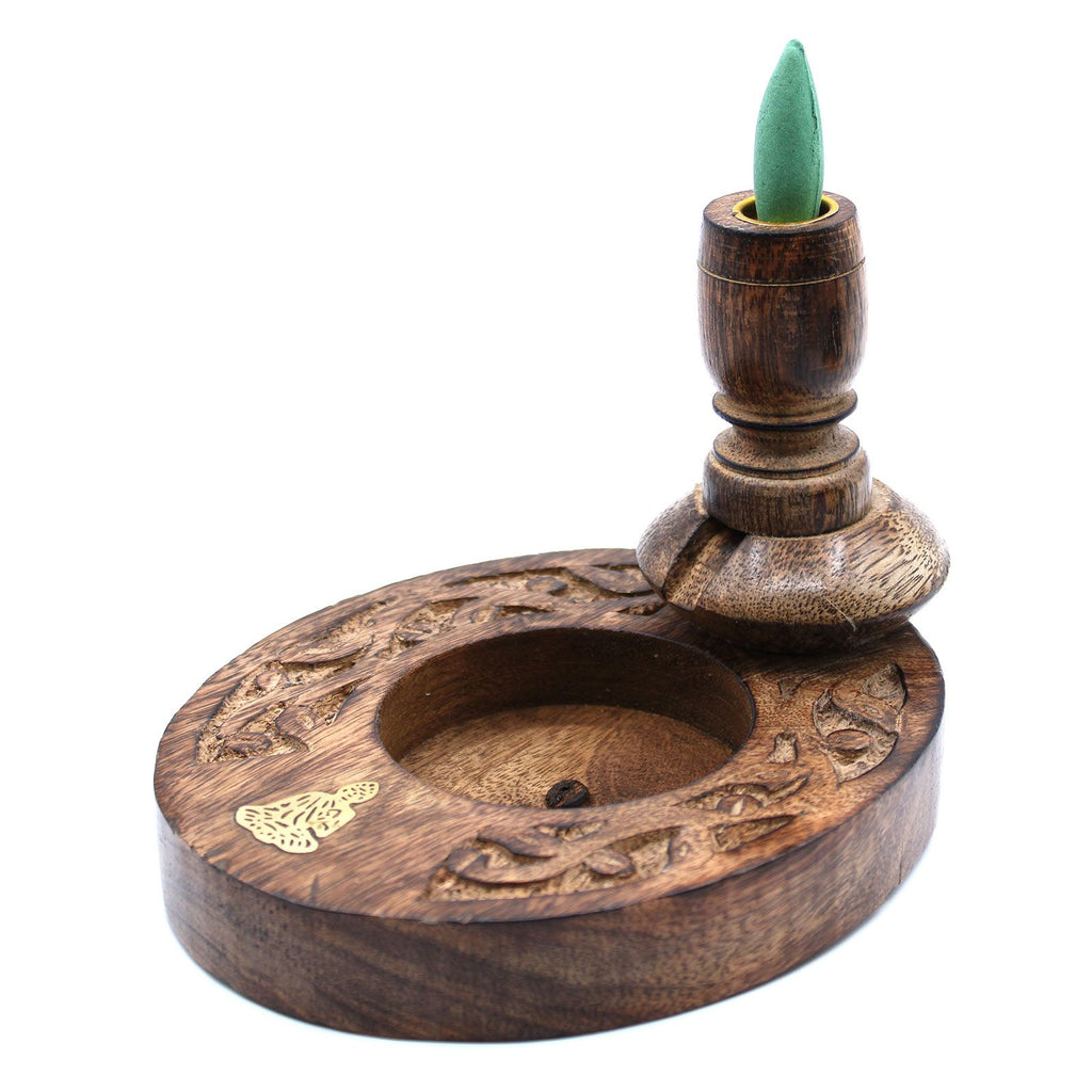 Mango Wood Backflow Burner with Brass Buddha Design for Decor