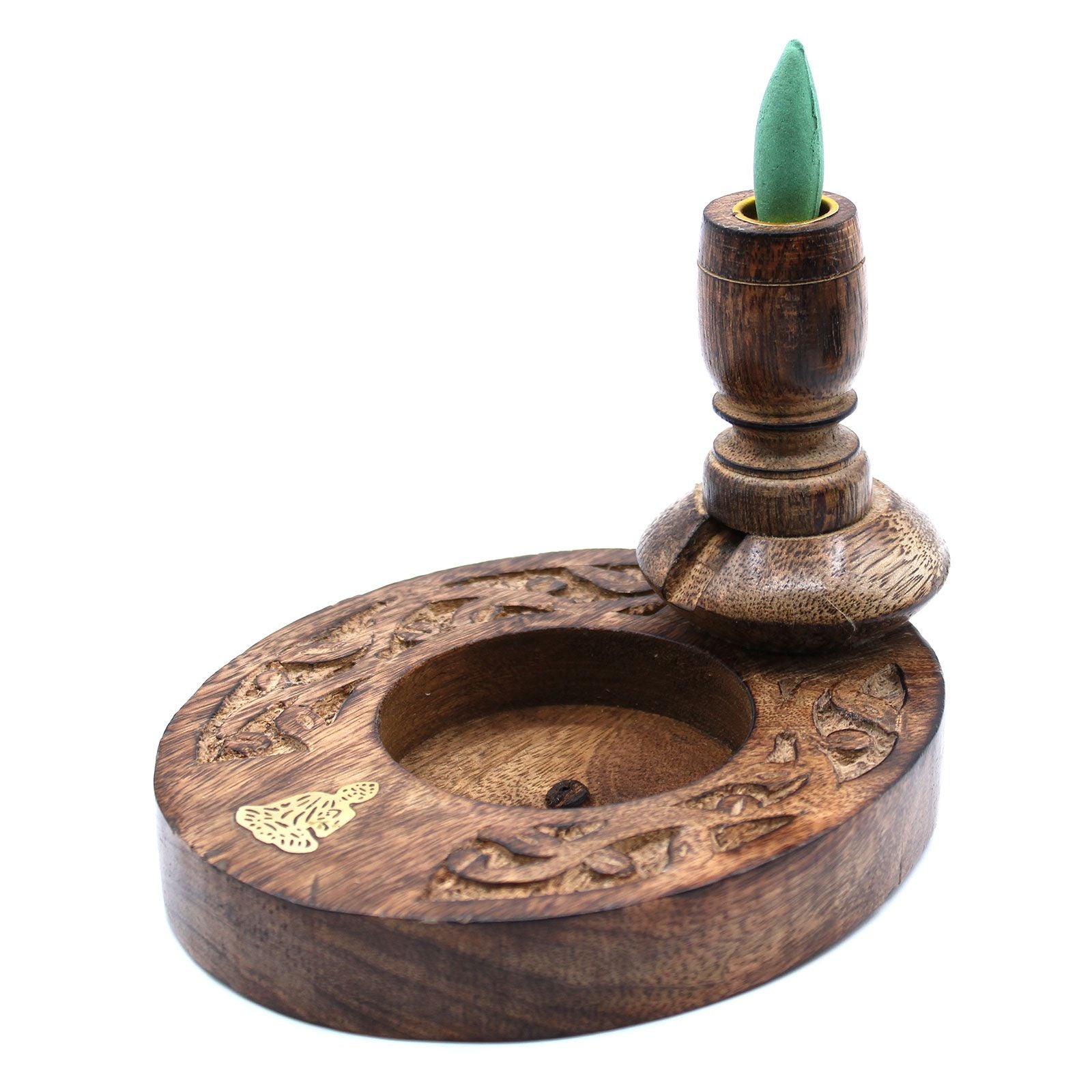 Mango Wood Backflow Burner with Brass Buddha Design for Decor