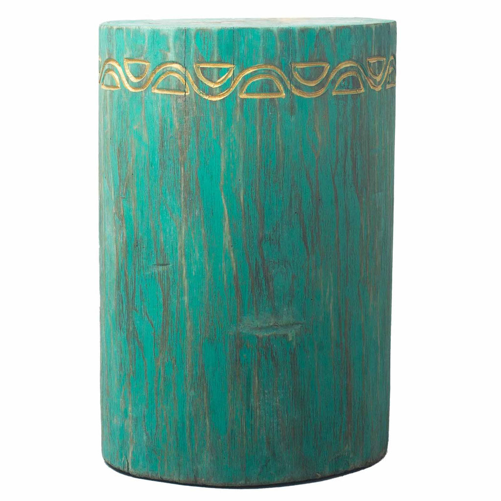 Tribal Stool Table in Turquoise Unique Albasia Wood Design Piece
