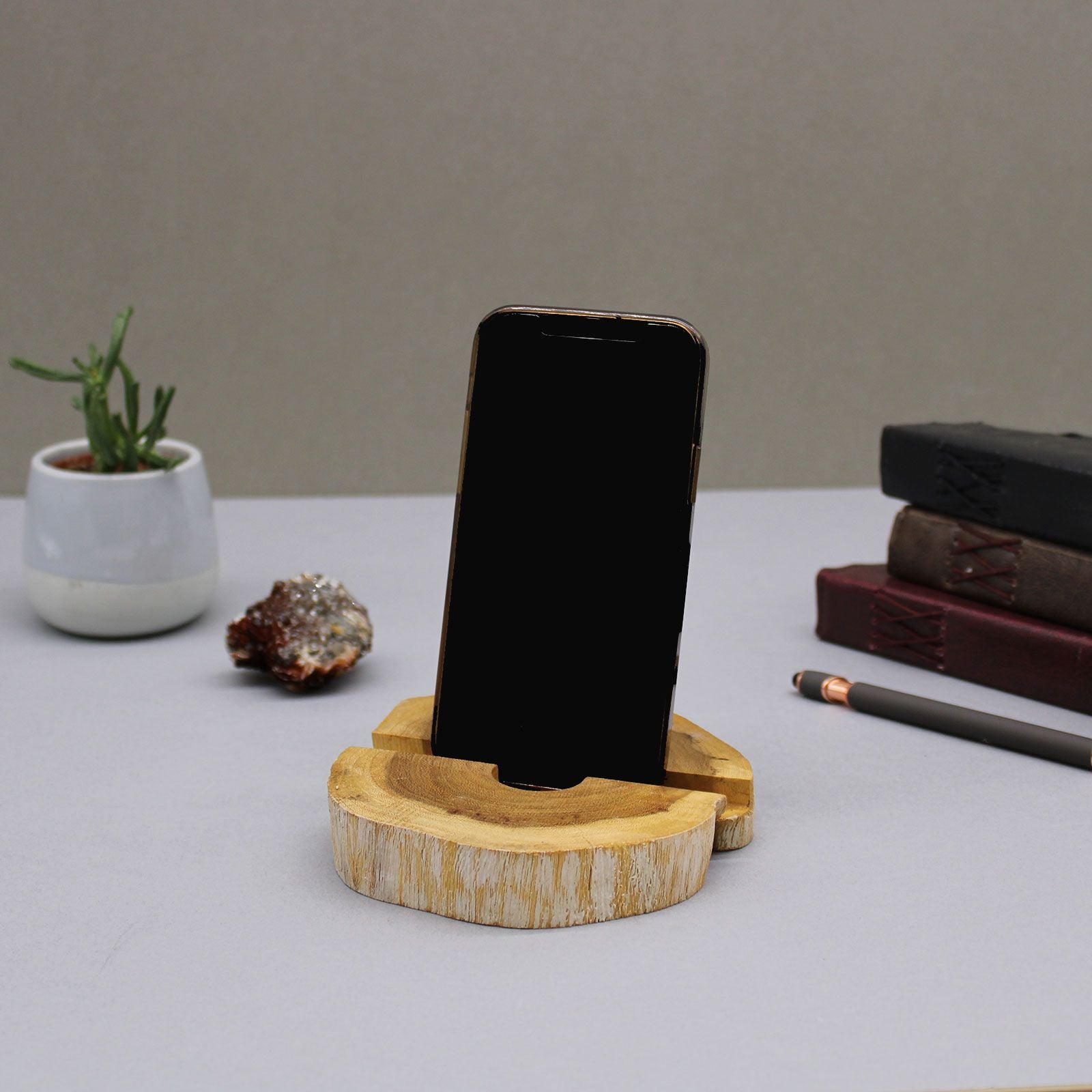 Lrg Gamal Wood Phone Holder with Whitewash Finish for Modern Decor