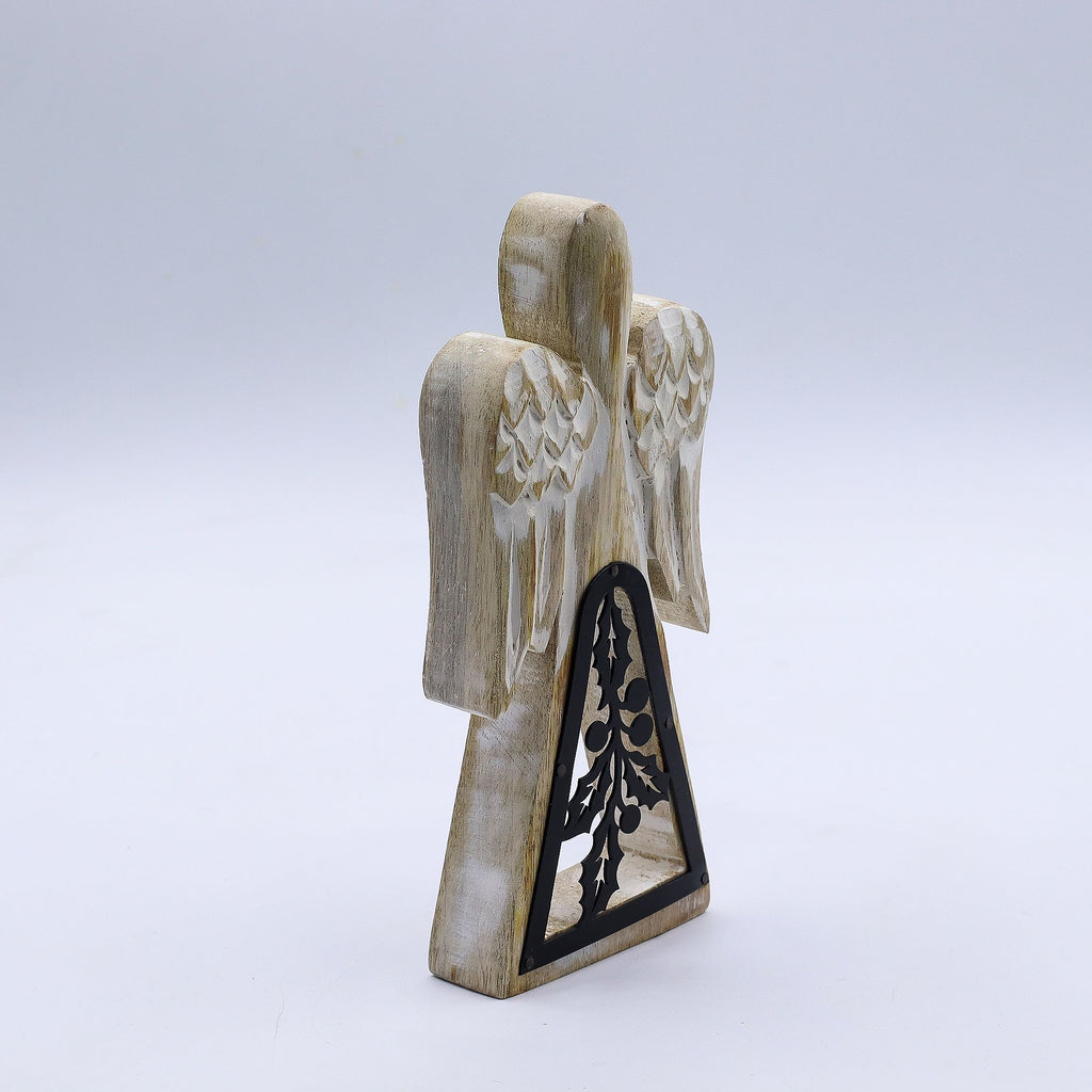 Mango Wood Angel with Iron Decor Cut Out in Whitewash Finish