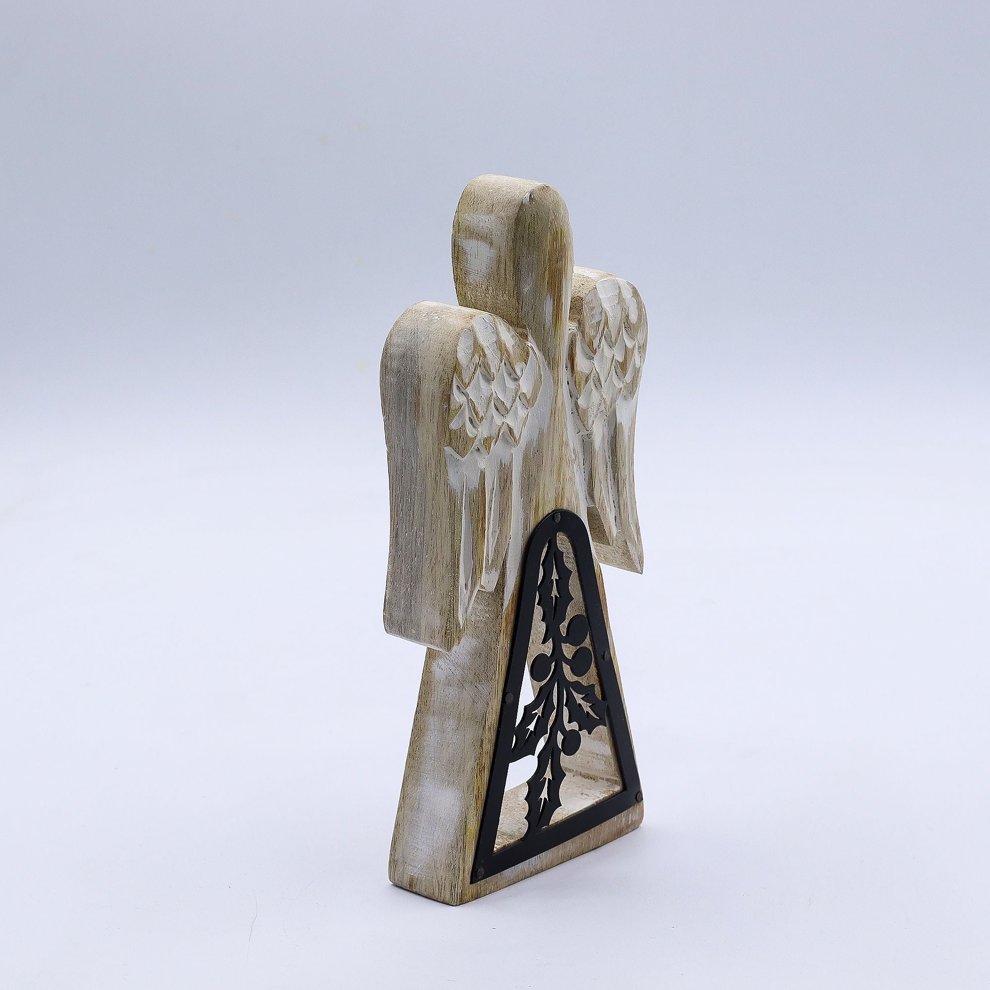 Mango Wood Angel with Iron Decor Cut Out in Whitewash Finish