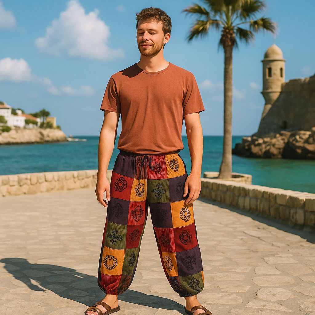 Nomad Sari Mushroom Pants with Block Print Designs in Orange Tones