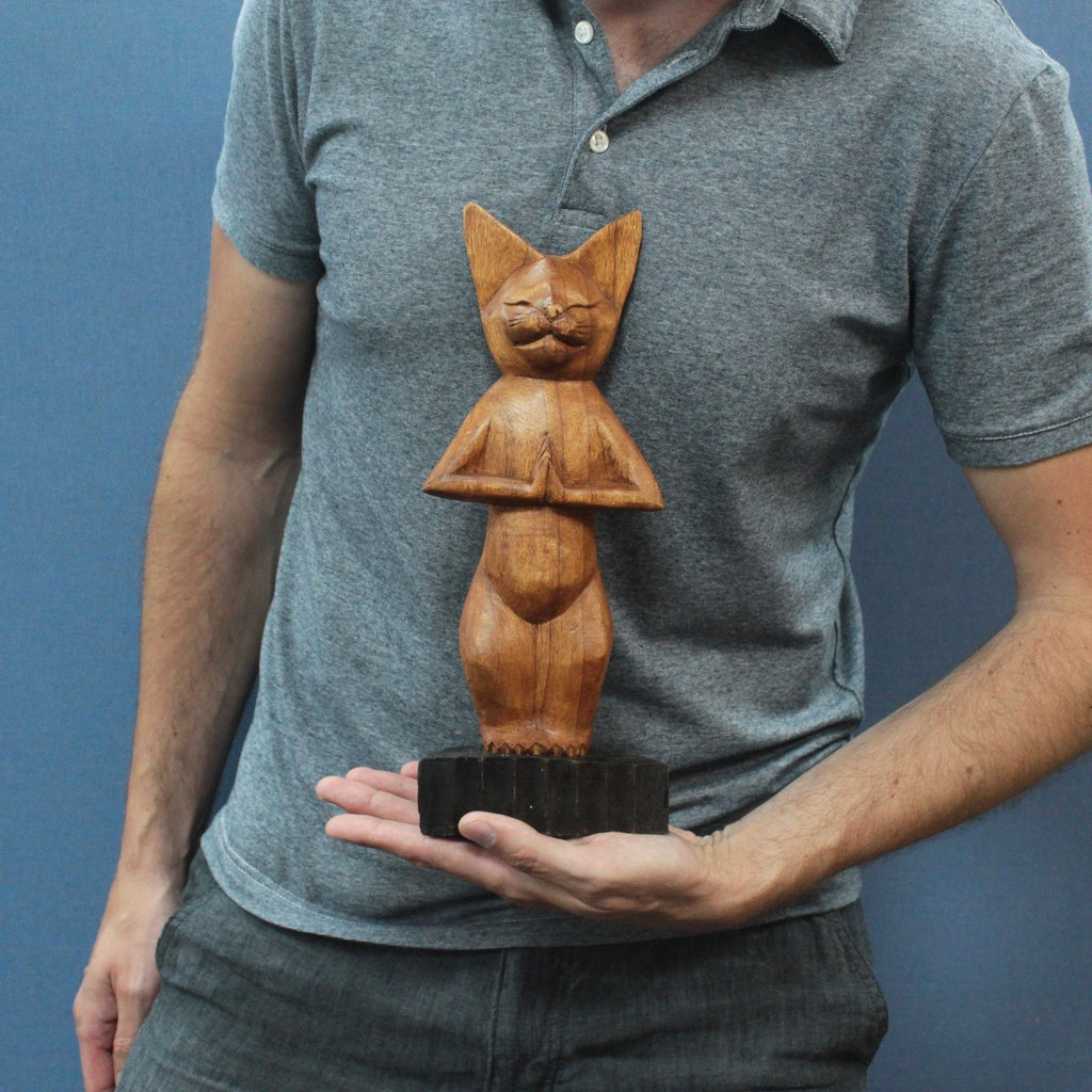 Unique Handcarved Yoga Cats Standing Wooden Sculpture for Decor