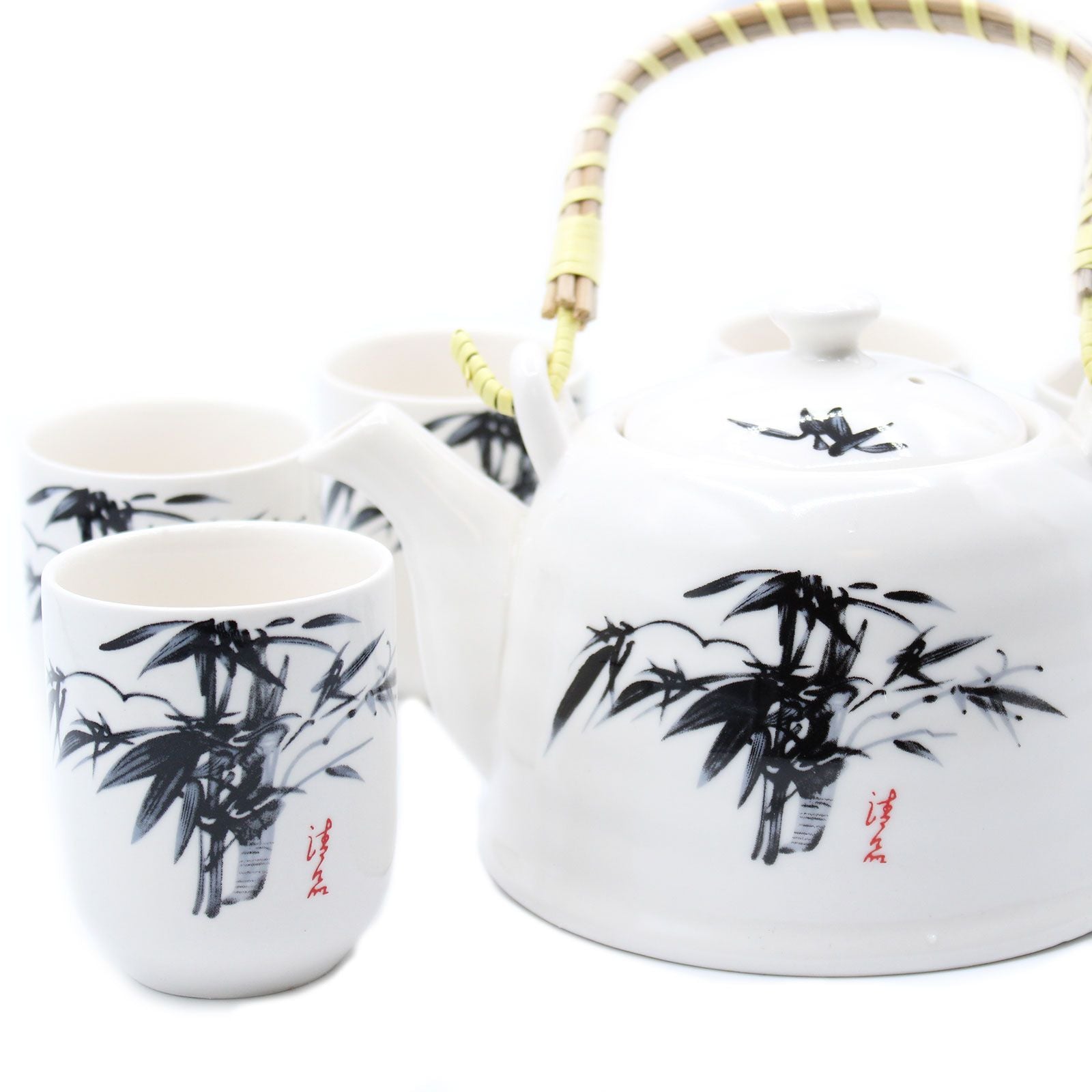 Herbal Teapot Set White Stone Oriental with Matching Cups Gift Set