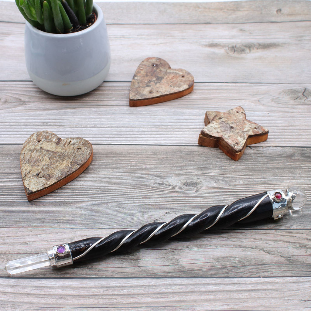Twisted Healing Wand with Silver Rock Quartz Sphere for Balance