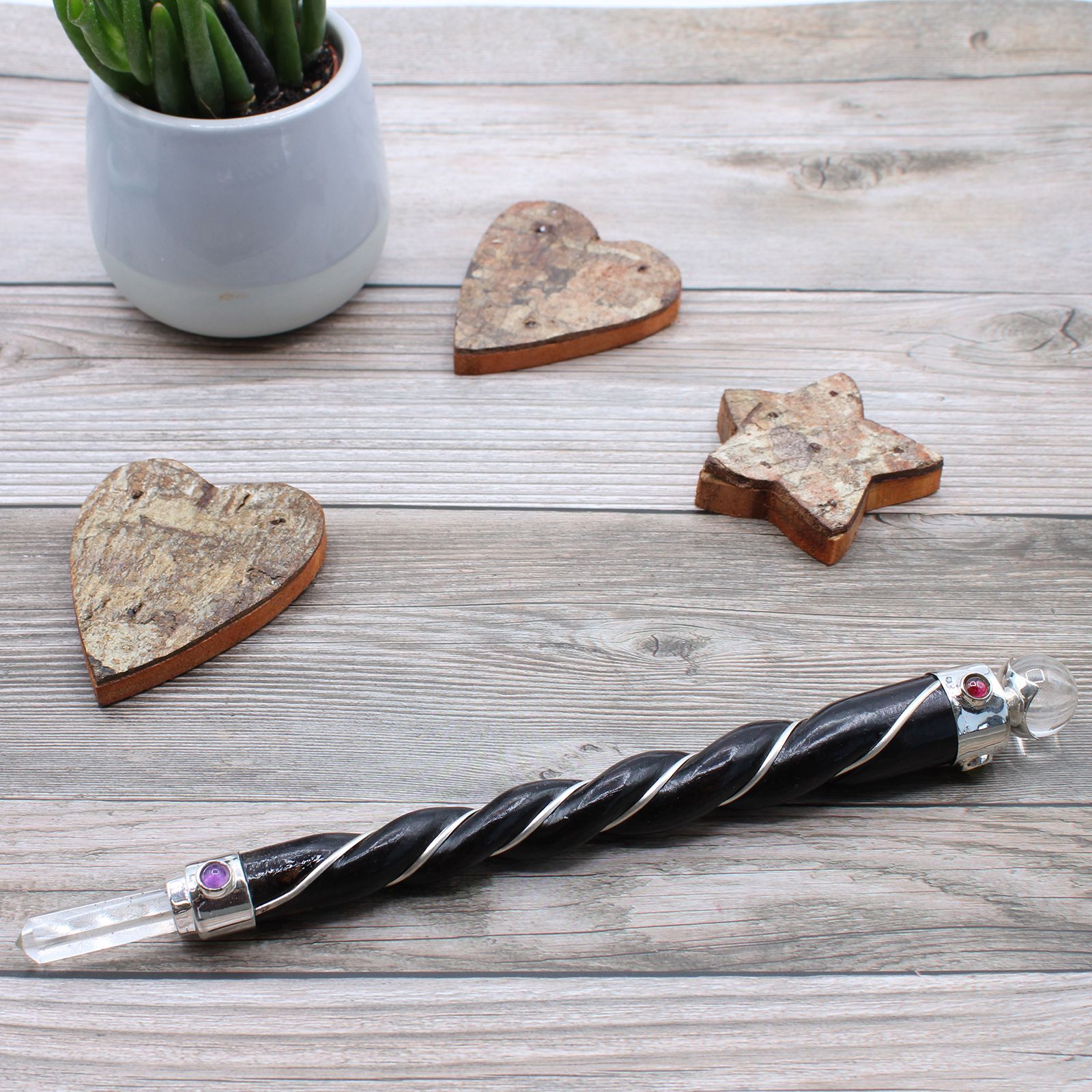 Twisted Healing Wand with Silver Rock Quartz Sphere for Balance