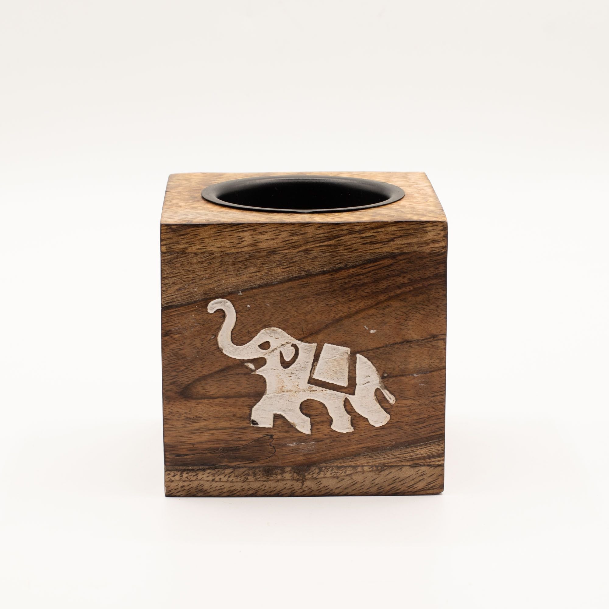 Square Mango Wood Oil Burner with Elephant Design for Fragrance