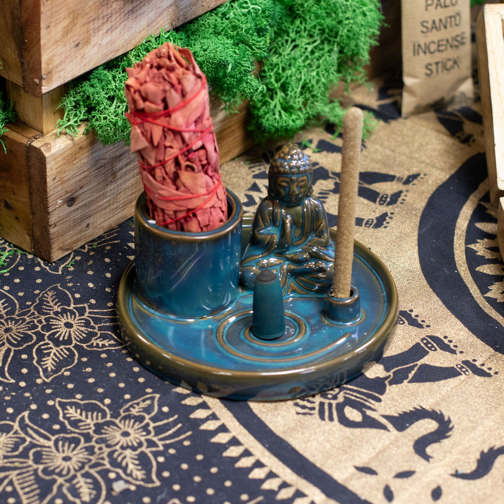 Multi Purpose Buddha Incense Plate in Ceramic Blue Design