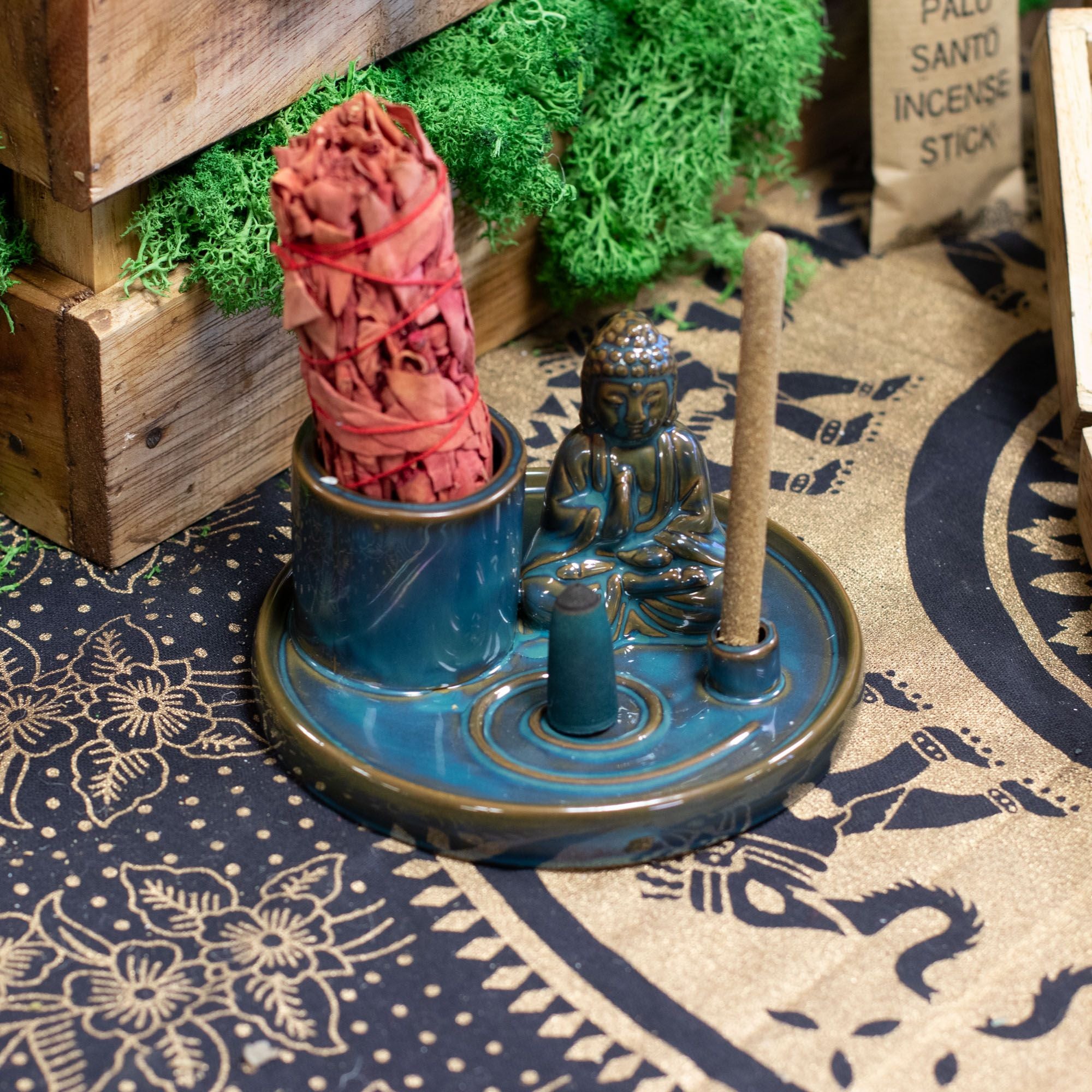 Multi Purpose Buddha Incense Plate in Ceramic Blue Design