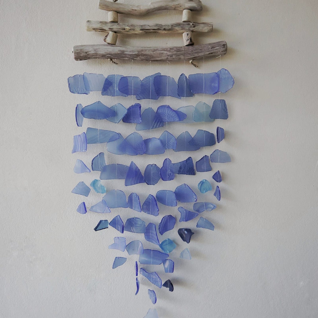 Recycled Glass Wind Chimes Three Stick All Blues Design