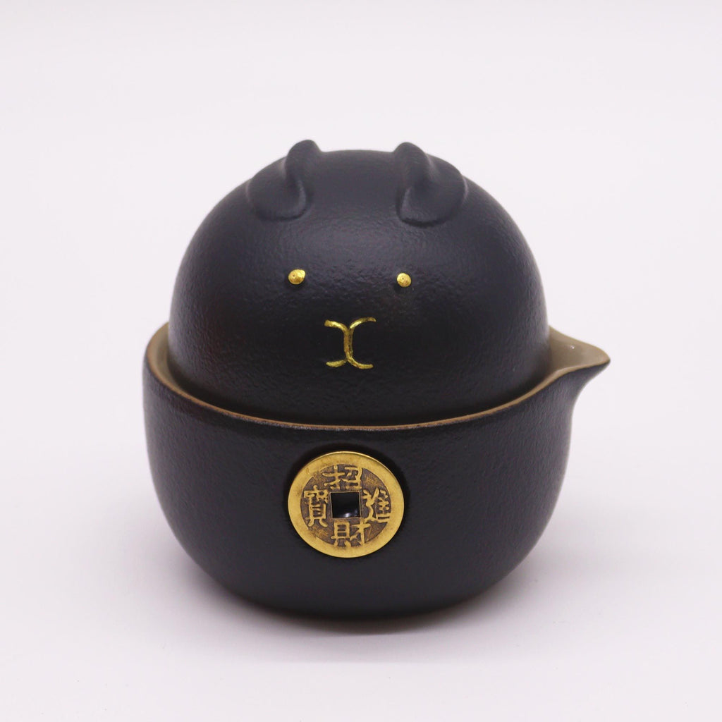 Money Cat Teapot Set with Two Cups and Travel Case in Black