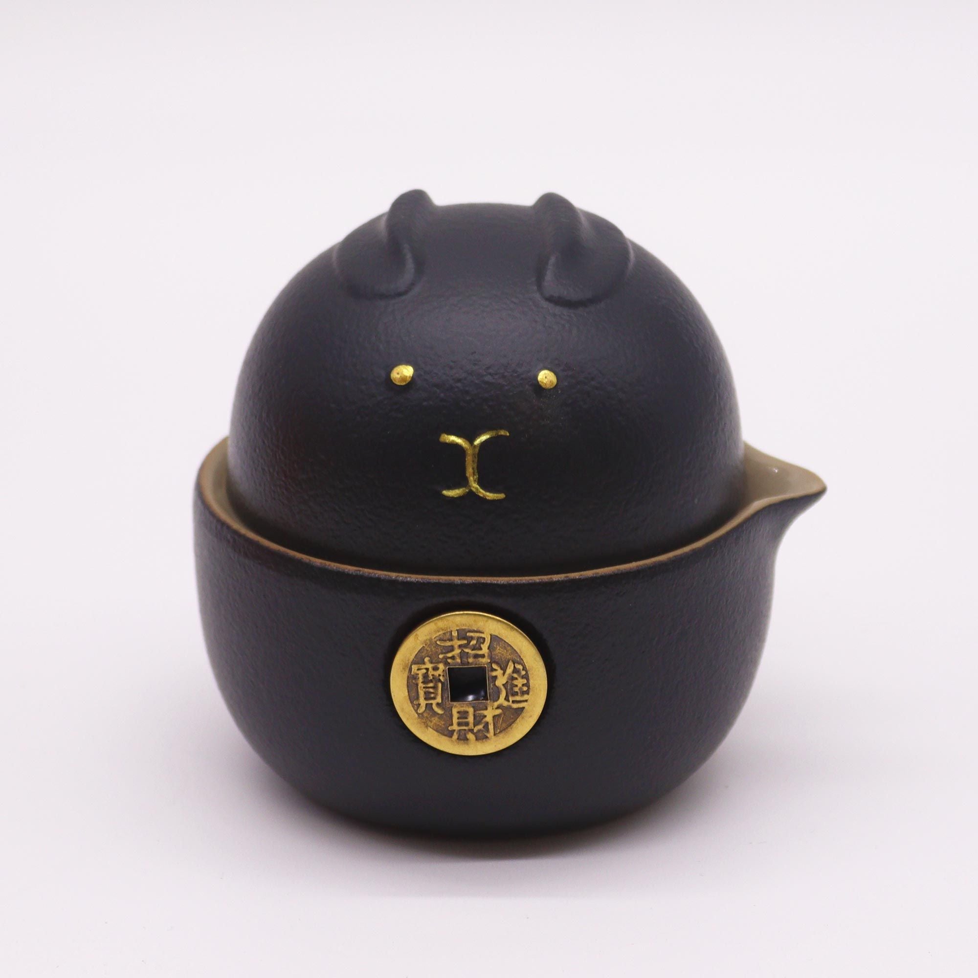 Money Cat Teapot Set with Two Cups and Travel Case in Black