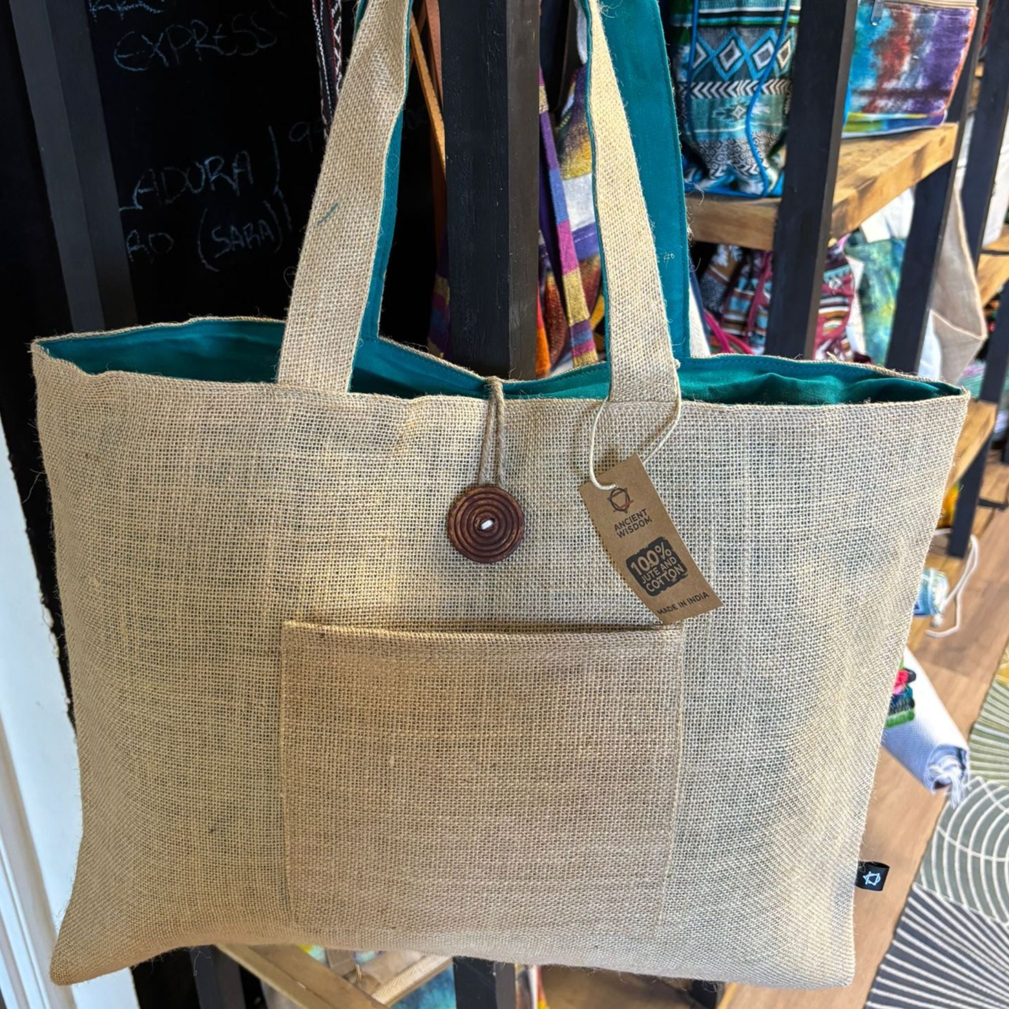 Jute & Cotton Reversible Big Bag in Teal for Stylish Storage