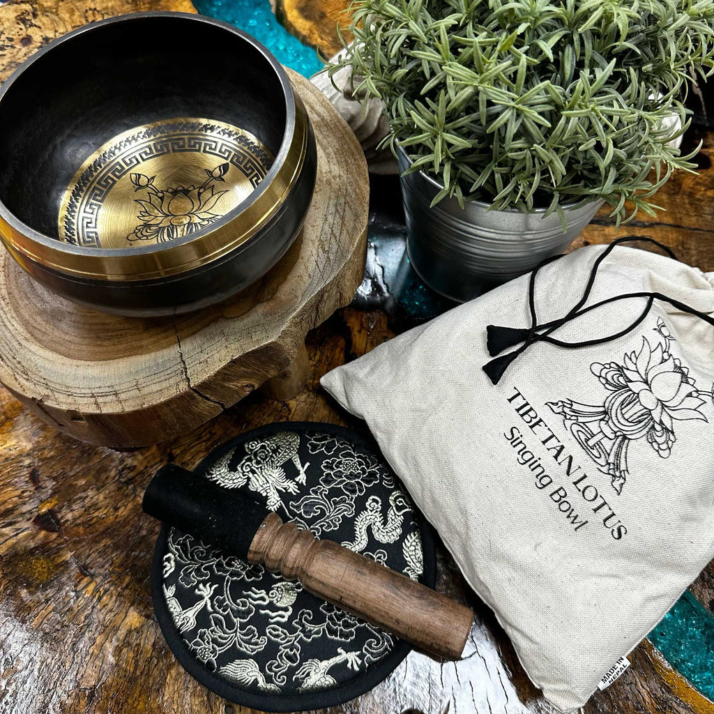 Hand Beaten Engraved Singing Bowl Gift Set with Lotus Flower Design