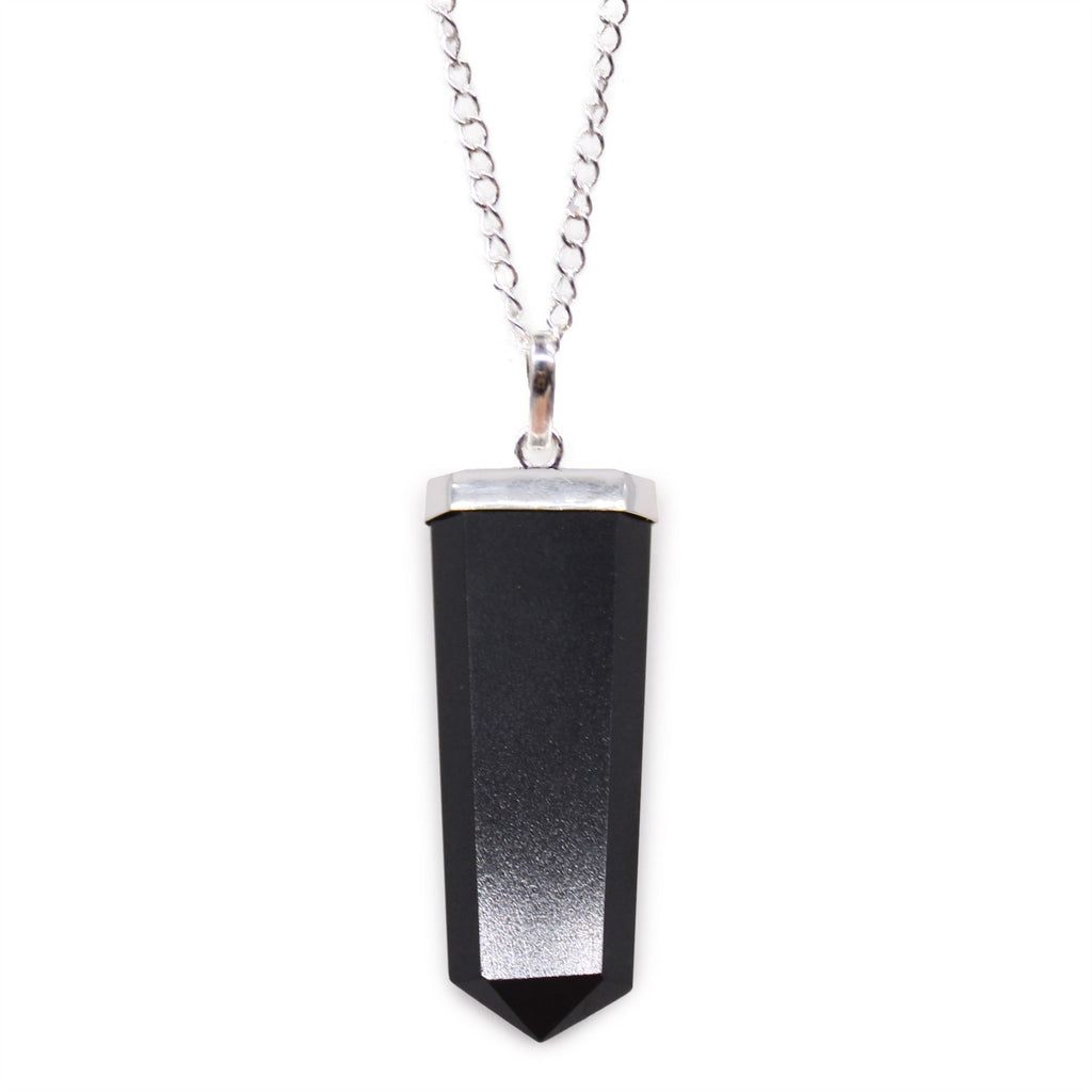 Gemstone Flat Pencil Pendant in Black Agate with Silver Chain