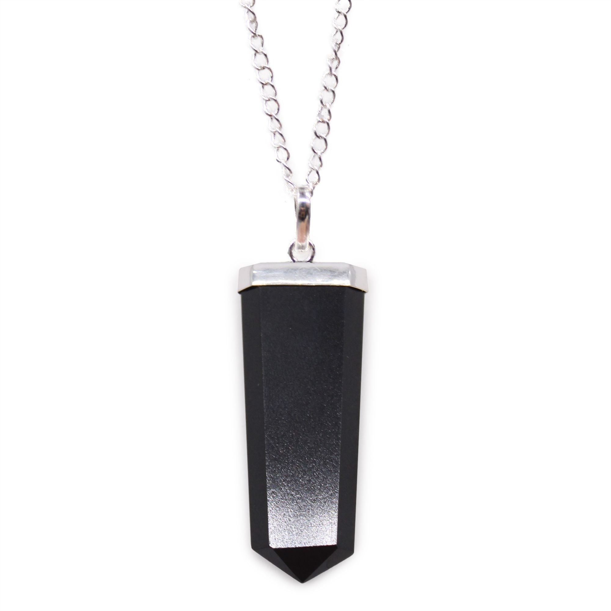 Gemstone Flat Pencil Pendant in Black Agate with Silver Chain