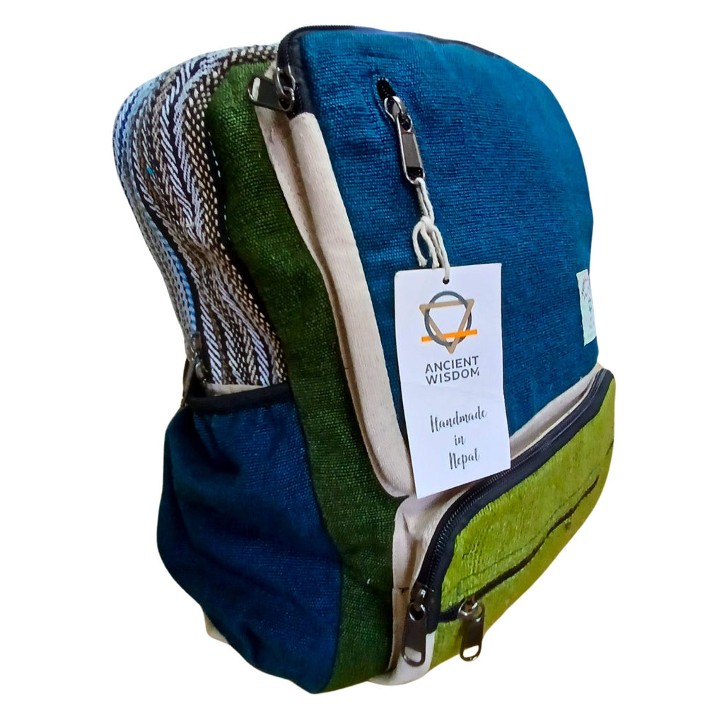 Large Boxy Hemp Backpack in Teal and Sage Colour Design