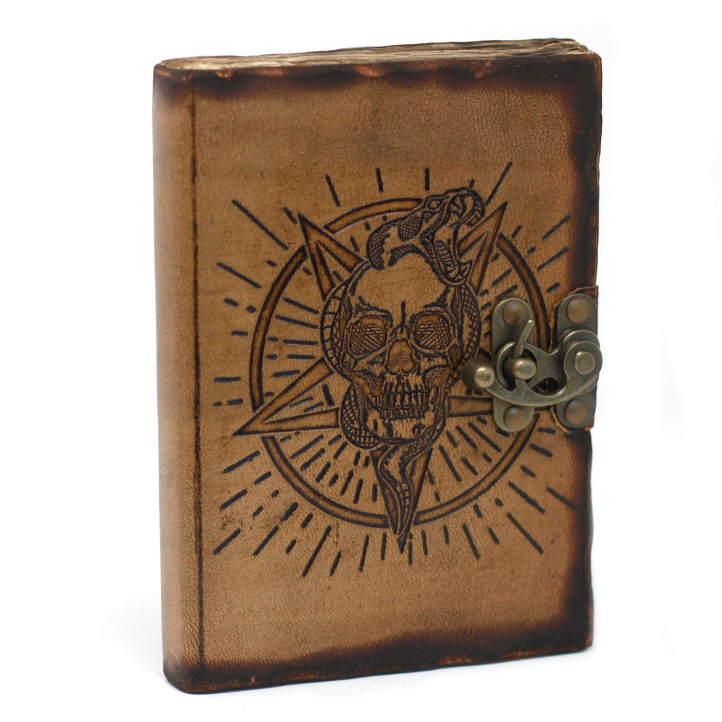 Leather Pentagon & Skull Notebook with Burns Detail 7x5 Inches