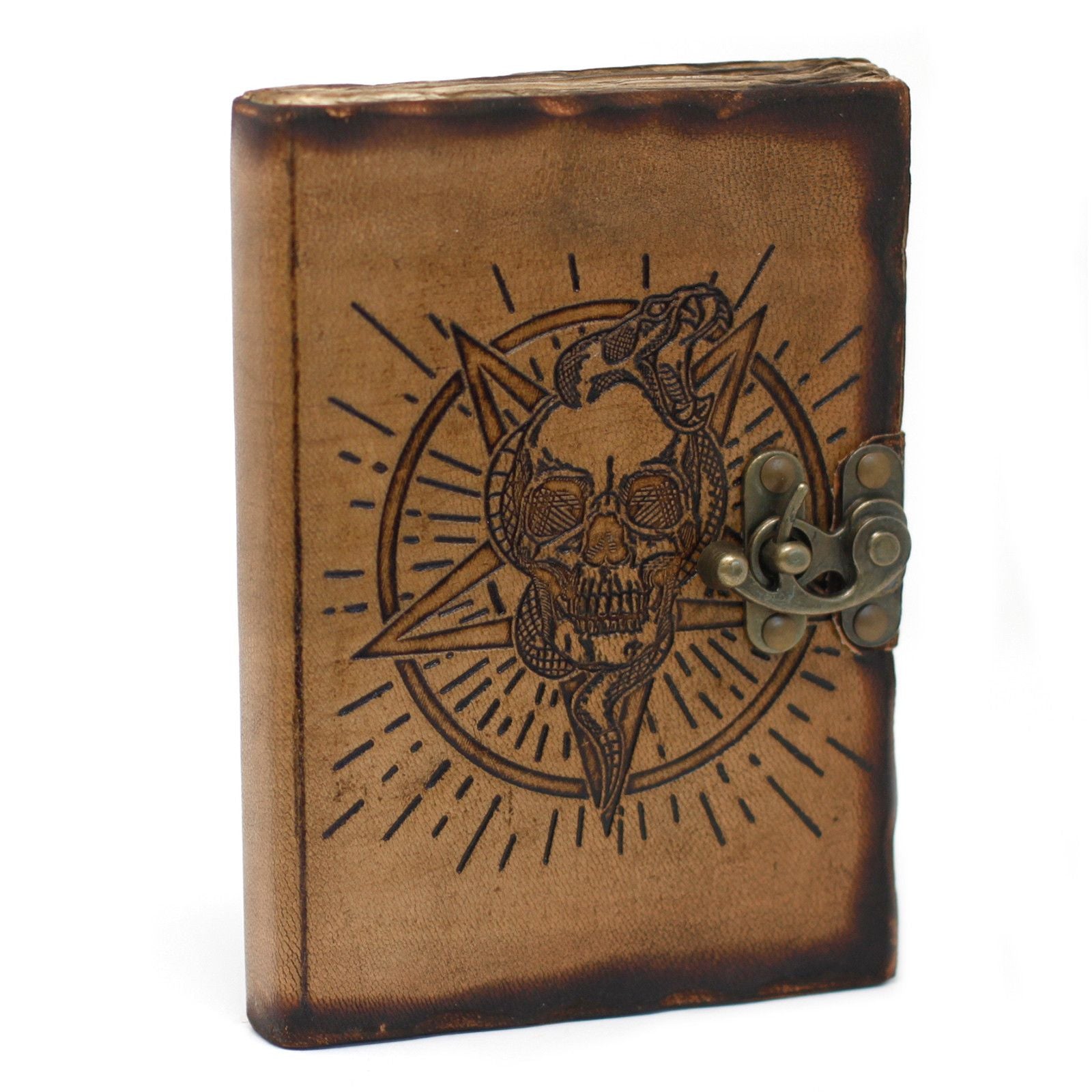 Leather Pentagon & Skull Notebook with Burns Detail 7x5 Inches