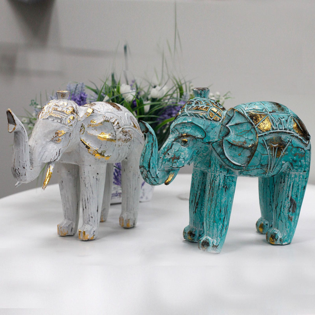 Wood Carved Elephant Decorative Figure in Turquoise and Gold