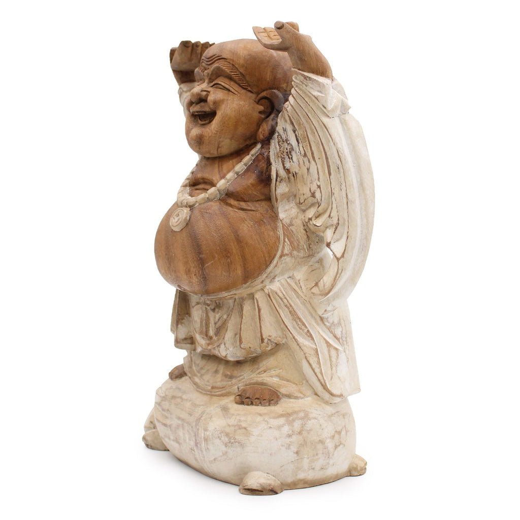 Hand Carved Happy Buddha Hands Up Statue in Whitewash 40cm