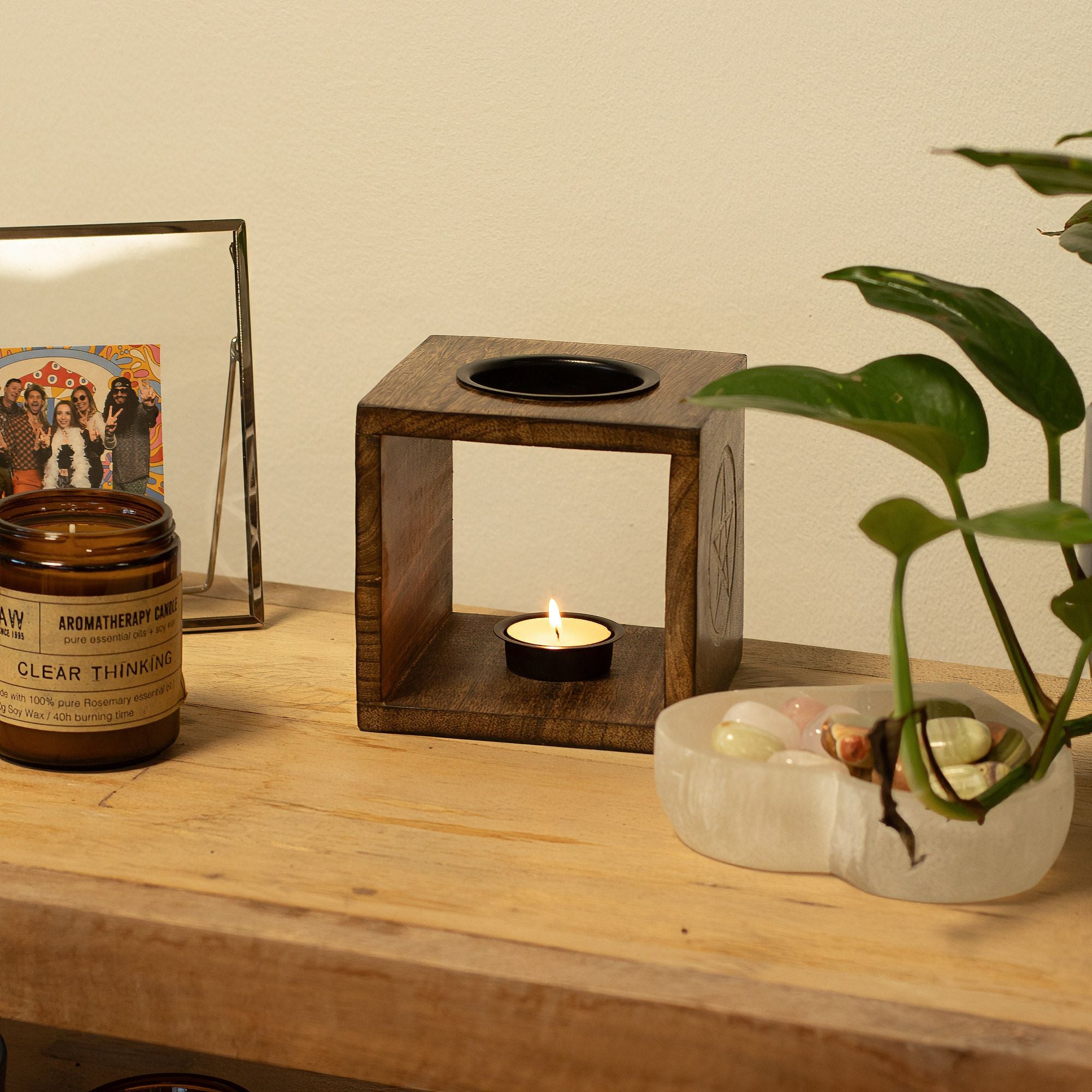 Large Square Mango Wood Oil Burner with Moon Goddess Design