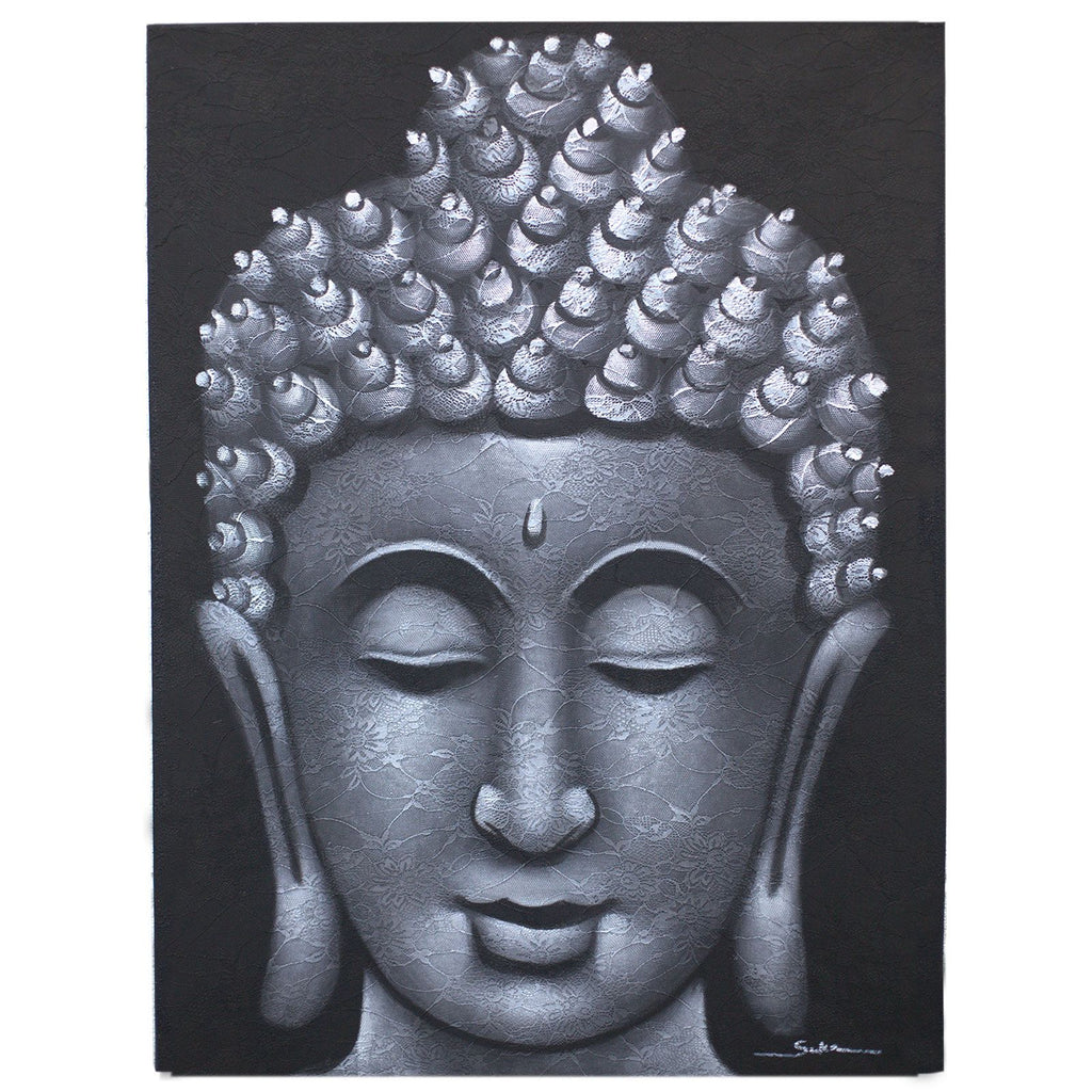 Buddha Painting with Grey Brocade Detail for Elegant Home Decor