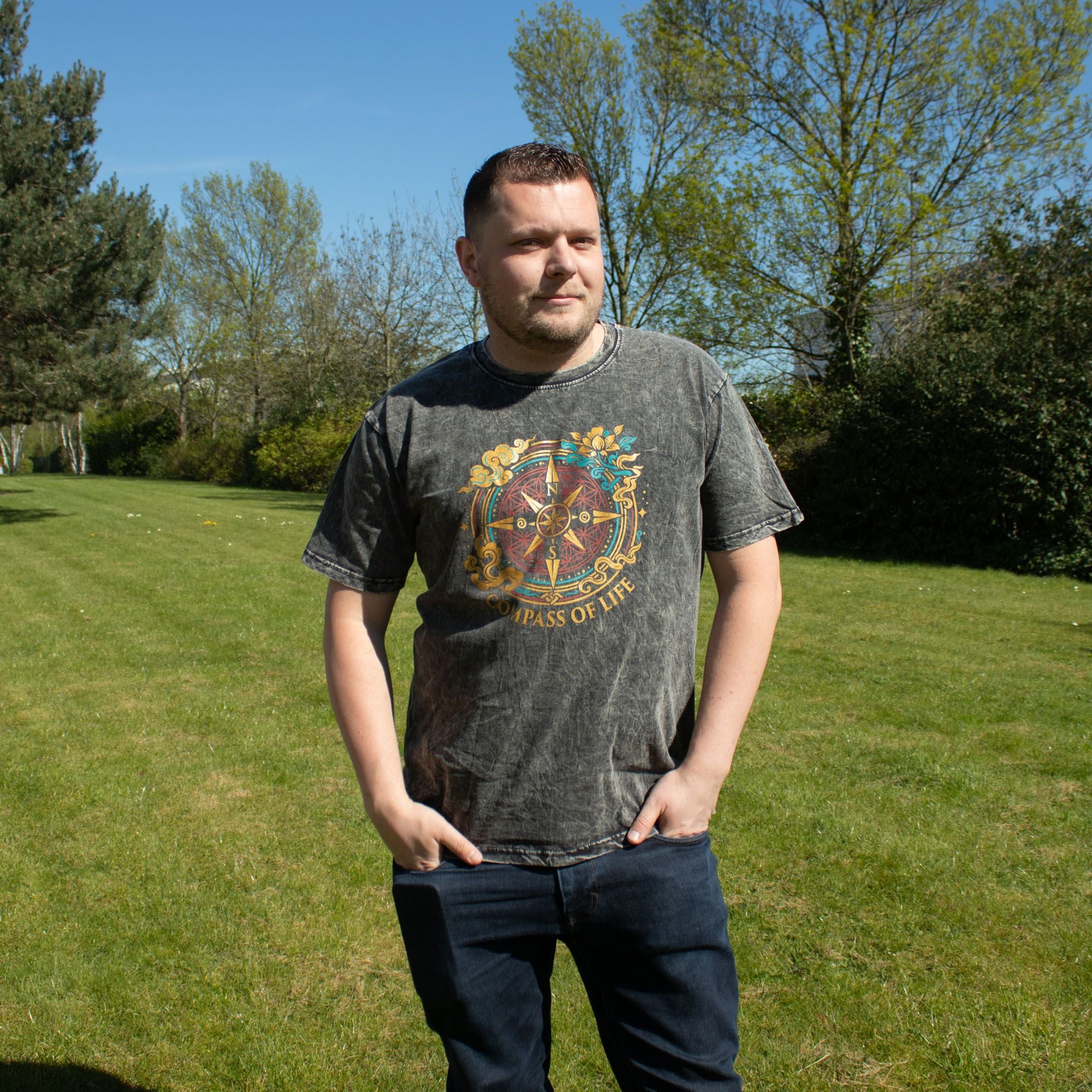 Nomad Sari Stonewashed Cotton T Shirt with Compass of Life Design