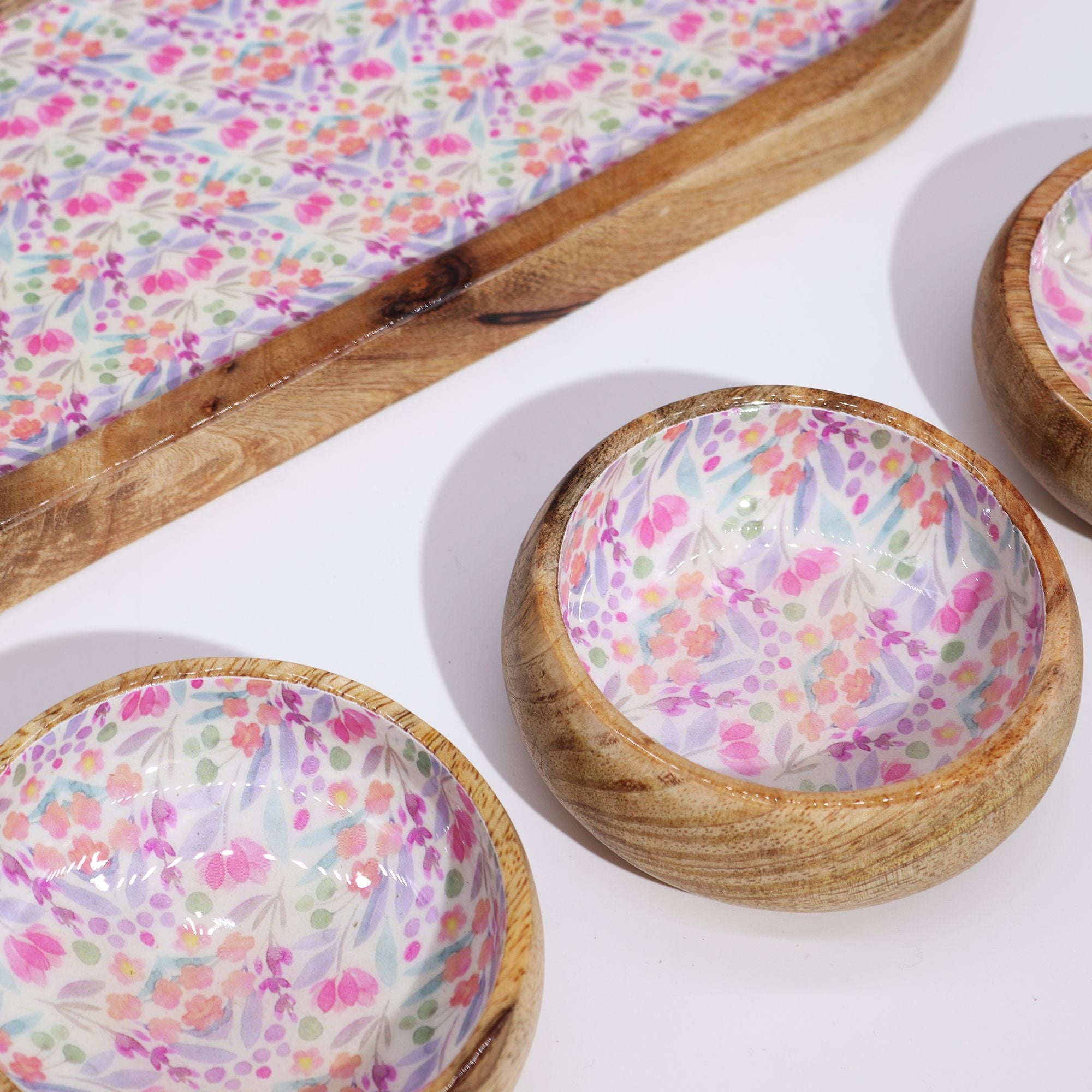 Mango Wood Tray with 3 Bowls Featuring Charming Floral Design