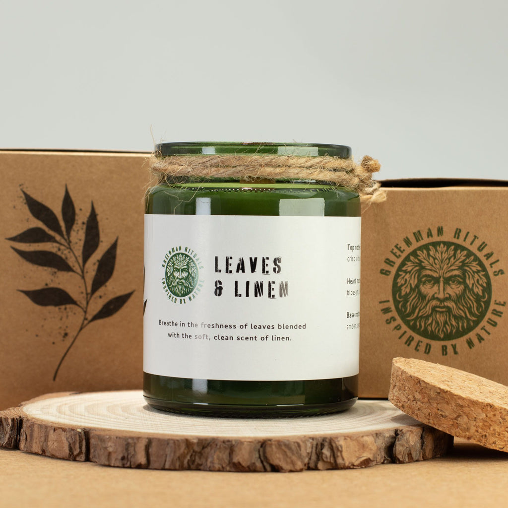 Greenman Woodwick Soy Candle Leaves & Linen in Deep Green Jar