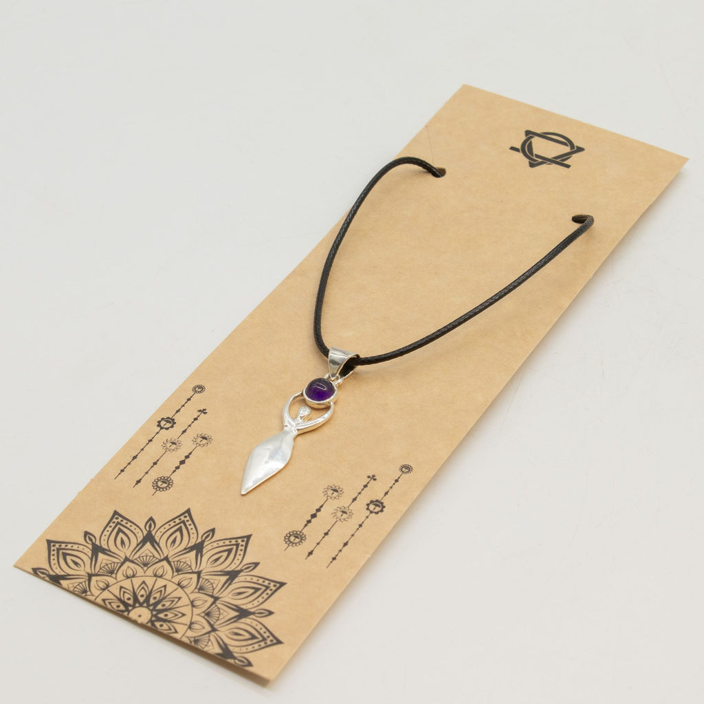 Indian Devotional Pendant Silver Plated with Goddess Amethyst Stone