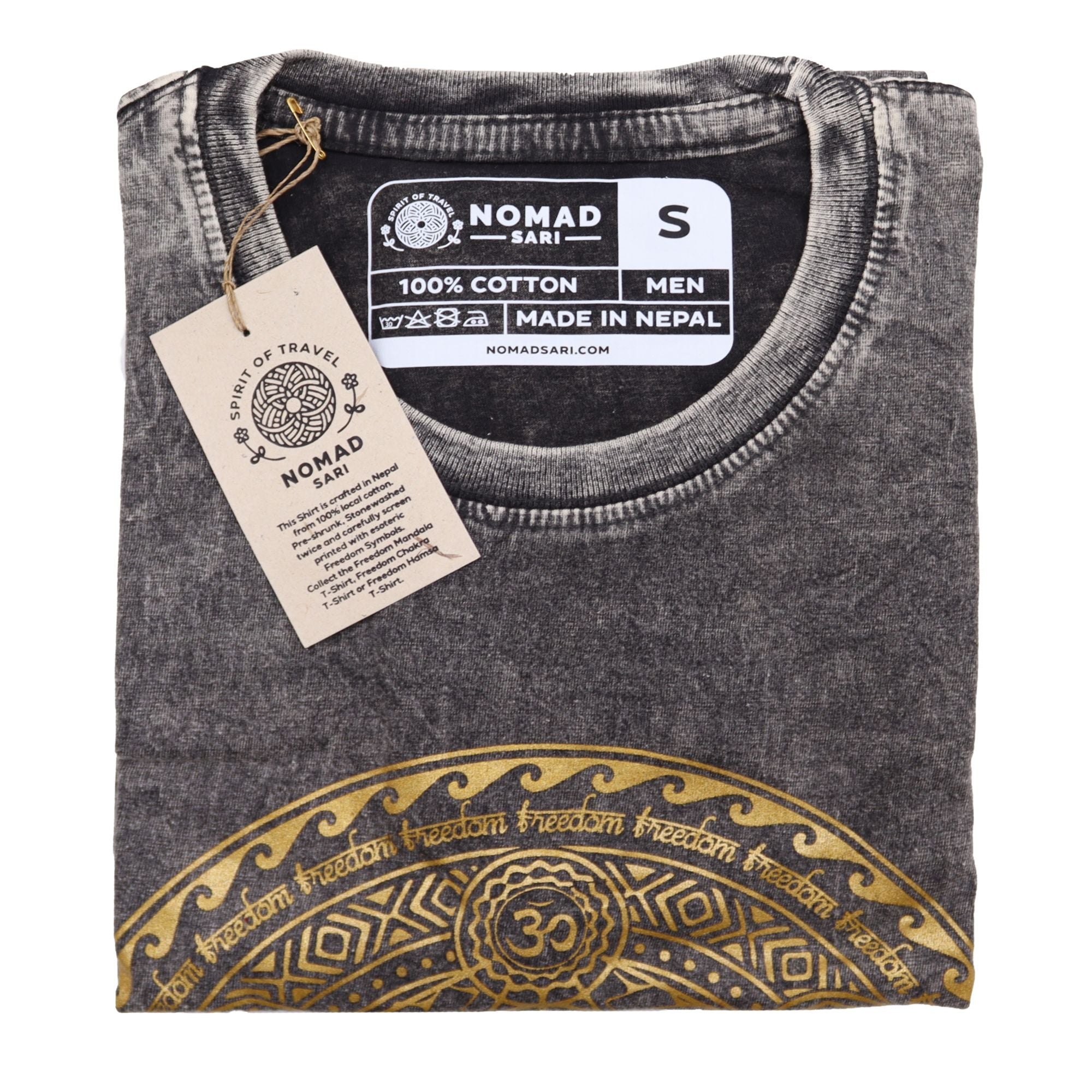 Nomad Sari Stonewashed Cotton T Shirt with Chakra Design Dark Grey