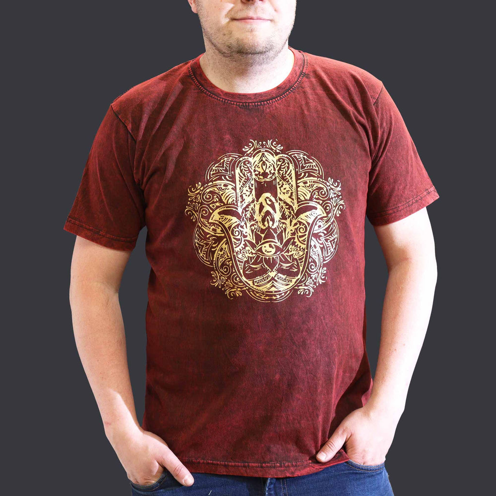 Nomad Sari Stonewashed Cotton T Shirt with Hamsa Design in Maroon