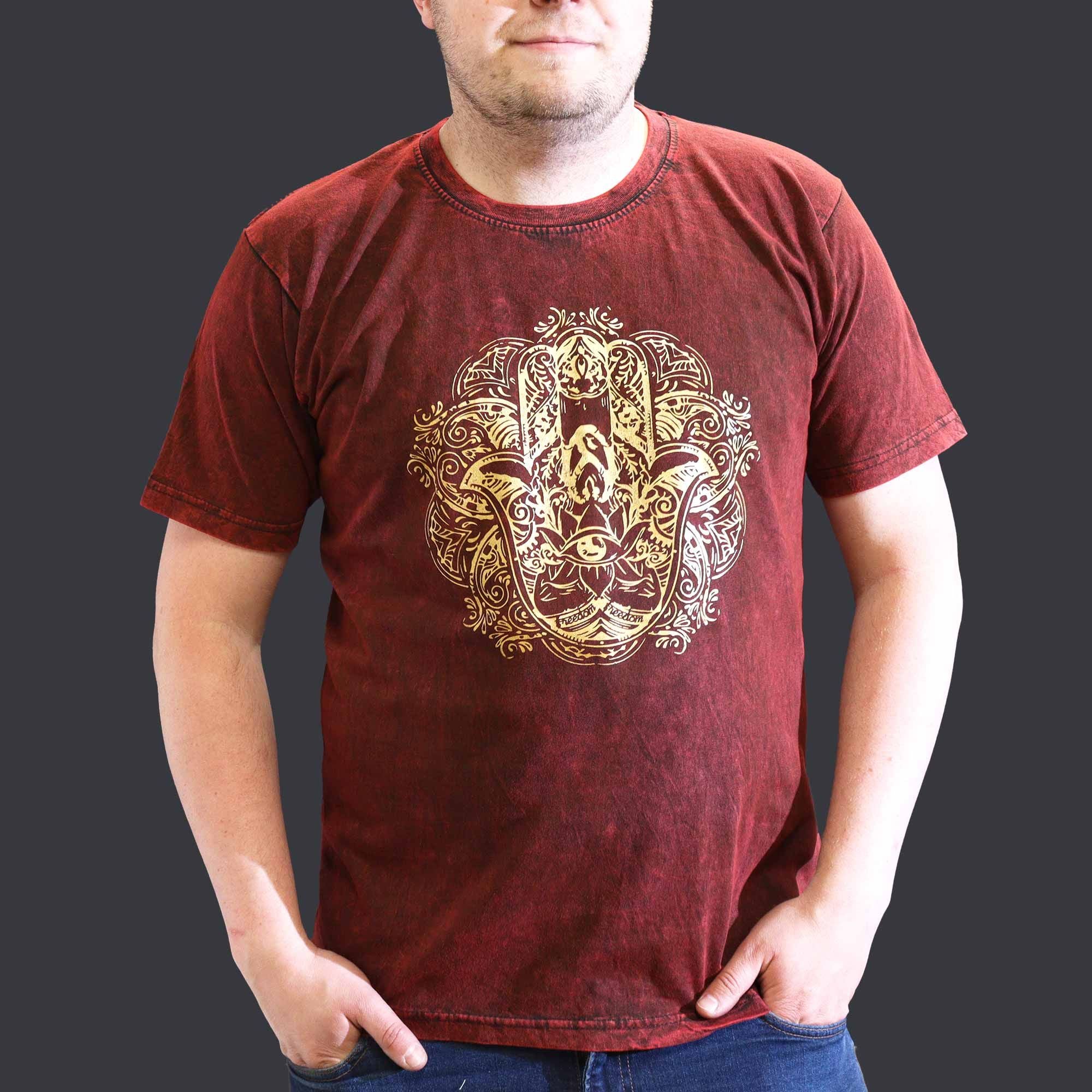 Nomad Sari Stonewashed Cotton T Shirt with Hamsa Design in Maroon