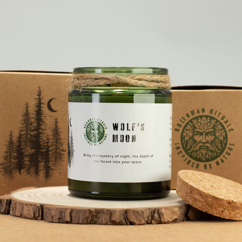 Greenman Woodwick Soy Candle Wolf's Moon in Deep Green Glass Jar