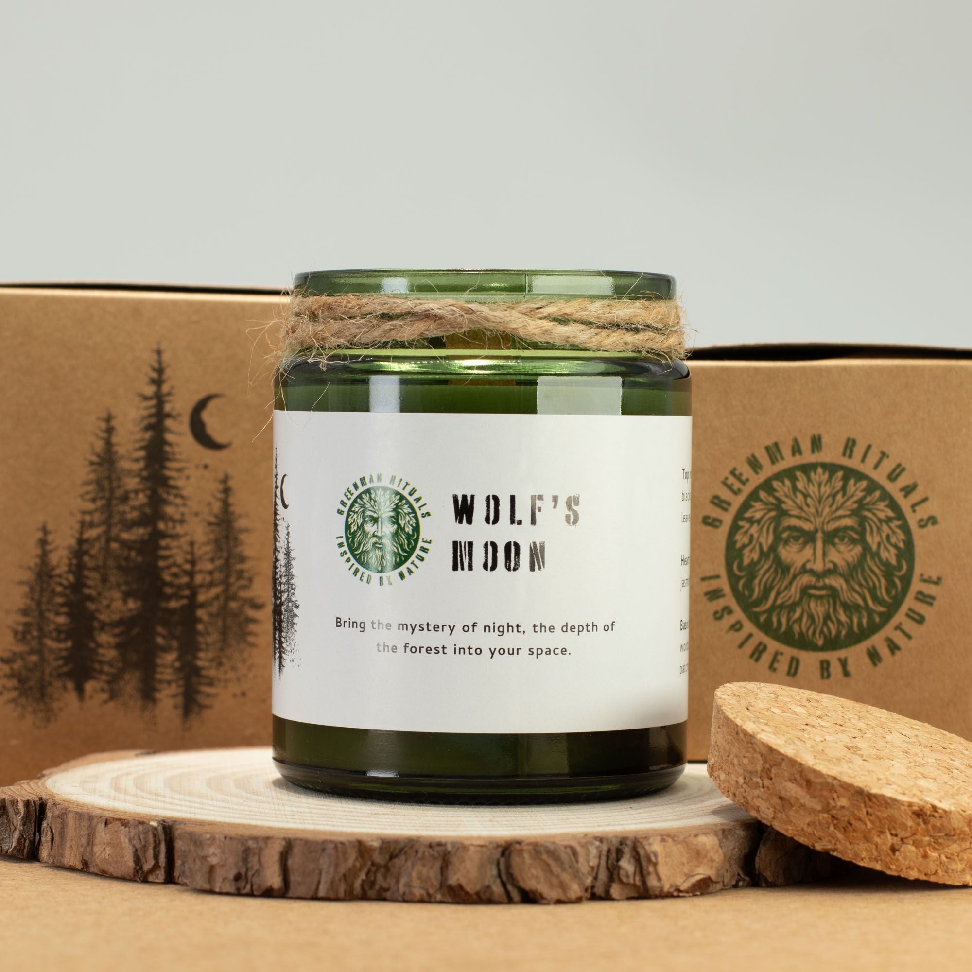 Greenman Woodwick Soy Candle Wolf's Moon in Deep Green Glass Jar