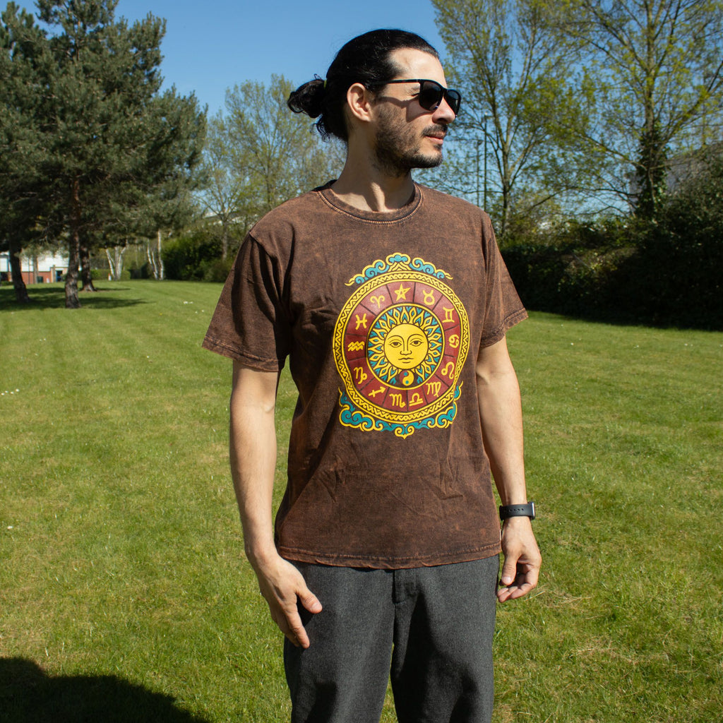 Nomad Sari Stonewashed Cotton T Shirt with Sun Zodiac Design