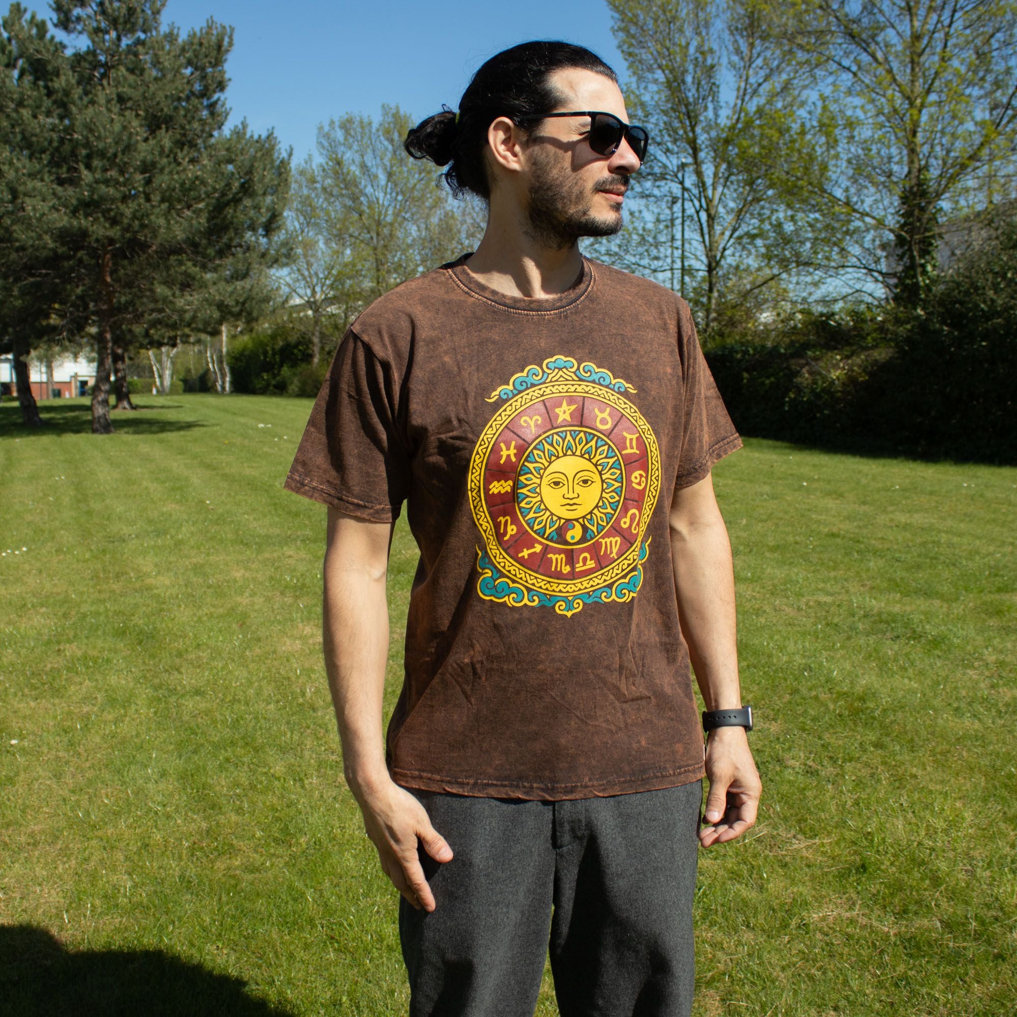 Nomad Sari Stonewashed Cotton T Shirt with Sun Zodiac Design