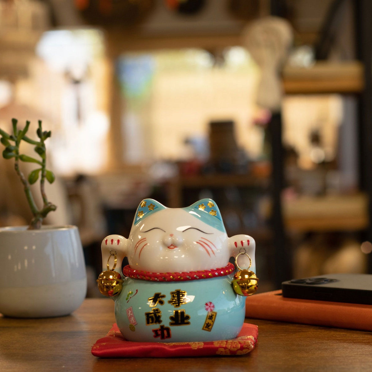 Japanese Lucky Cat Ceramic Money Box on Cushion – Blue