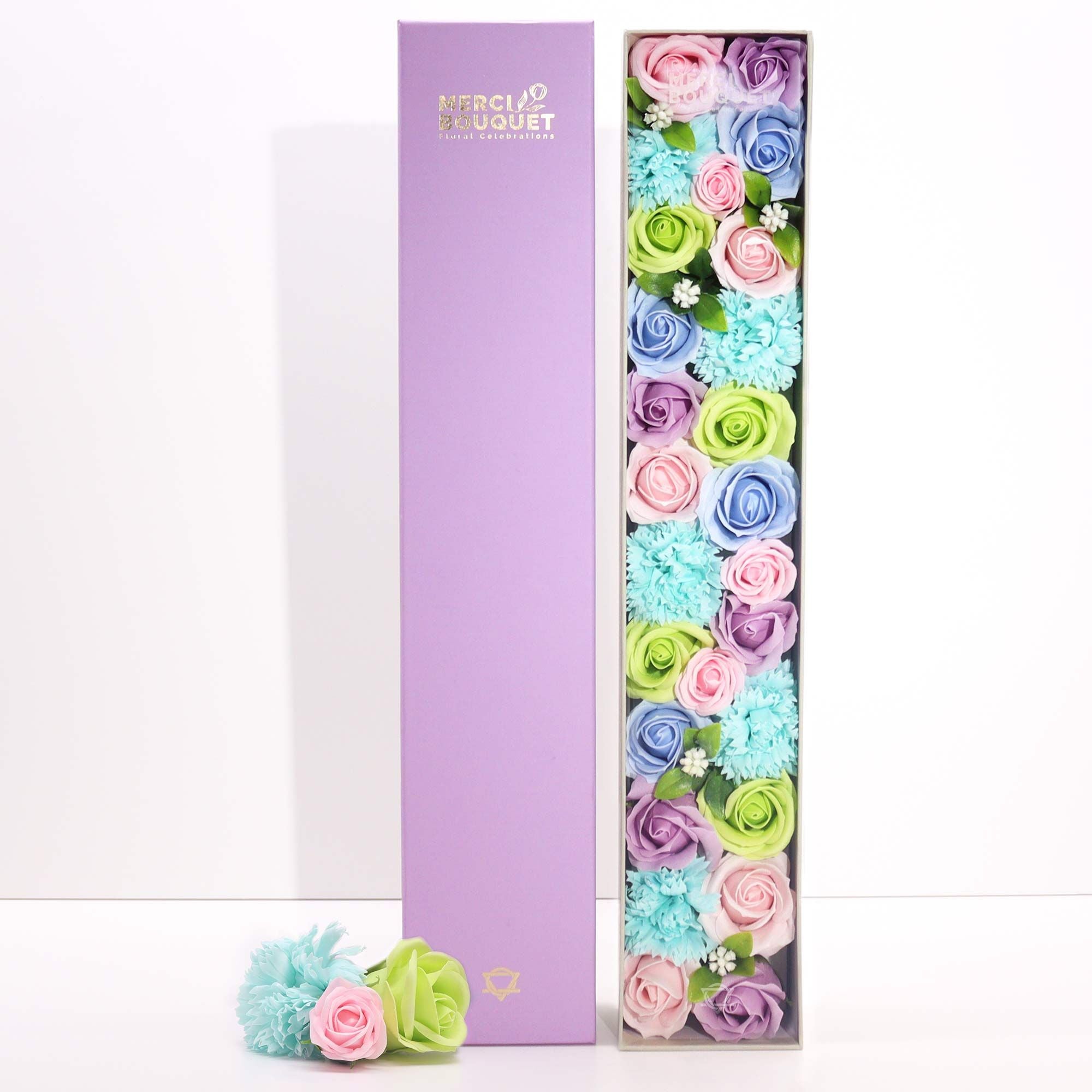 Extra Long Box of Baby Blessings Soap Flowers in Beautiful Blues