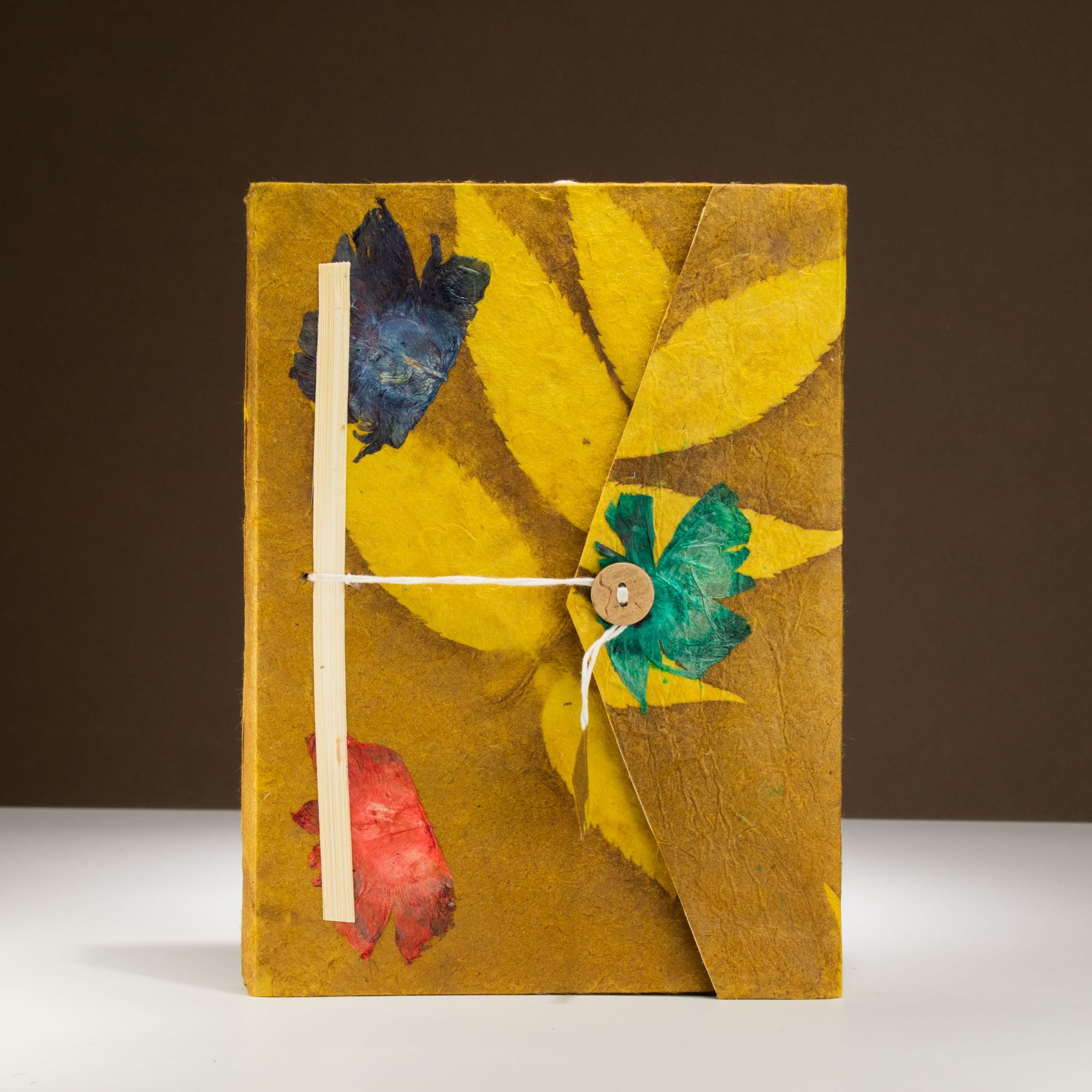 Lokta Bold Floral Notebook Large with Bookmark in Mustard Brown