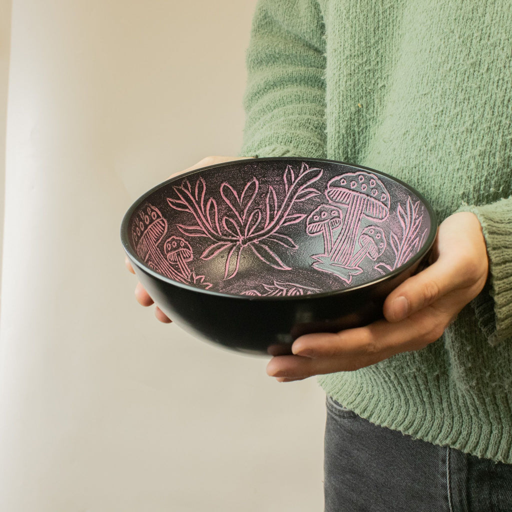 Magic Mushroom Pink Aluminum Singing Bowl with Botanical Engravings
