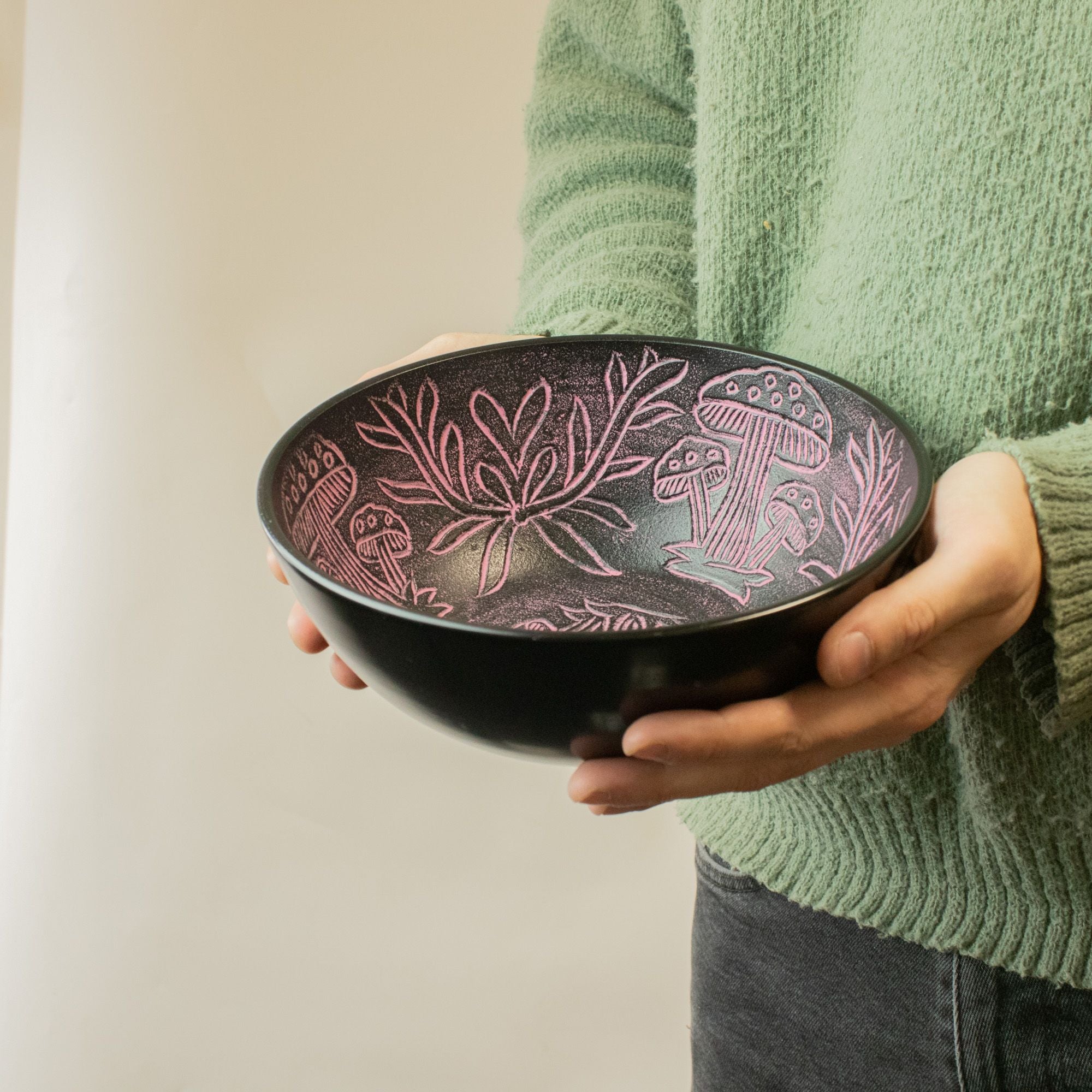 Magic Mushroom Pink Aluminum Singing Bowl with Botanical Engravings