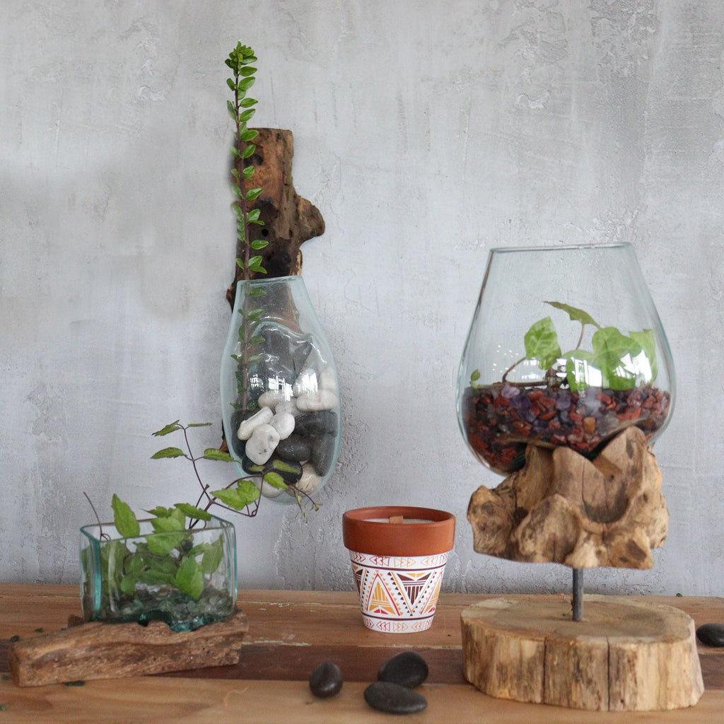 Molten Glass on Wood Hanging Bowl for Stylish Home Decor Display