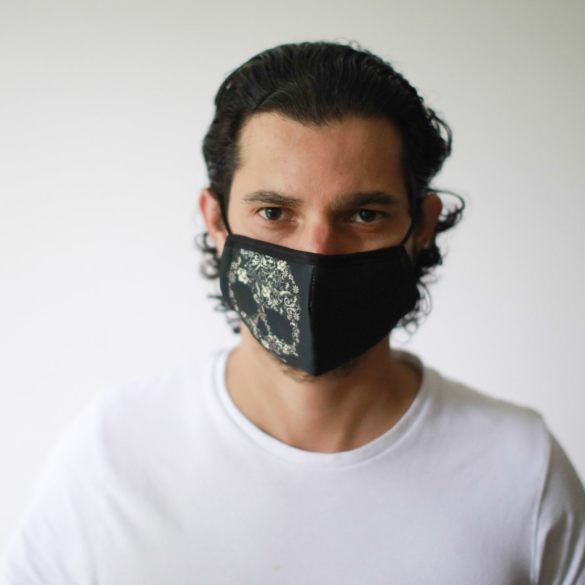 Reusable Poly-Cotton Face Mask with Filter Pocket – Flower Skull (Adult)