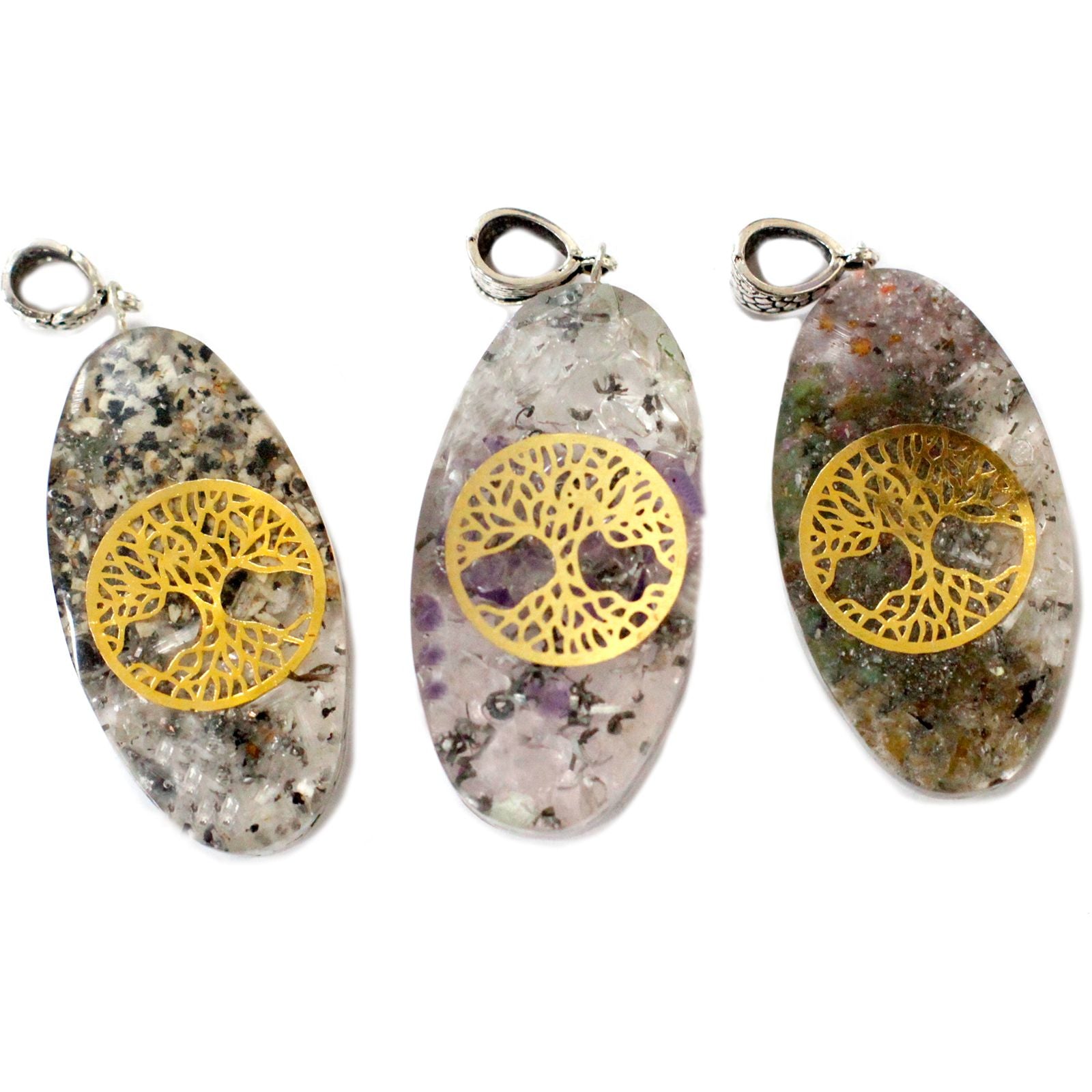 Orgonite Power Pendant 7 Stone Chakra Oval with Tree Design Art