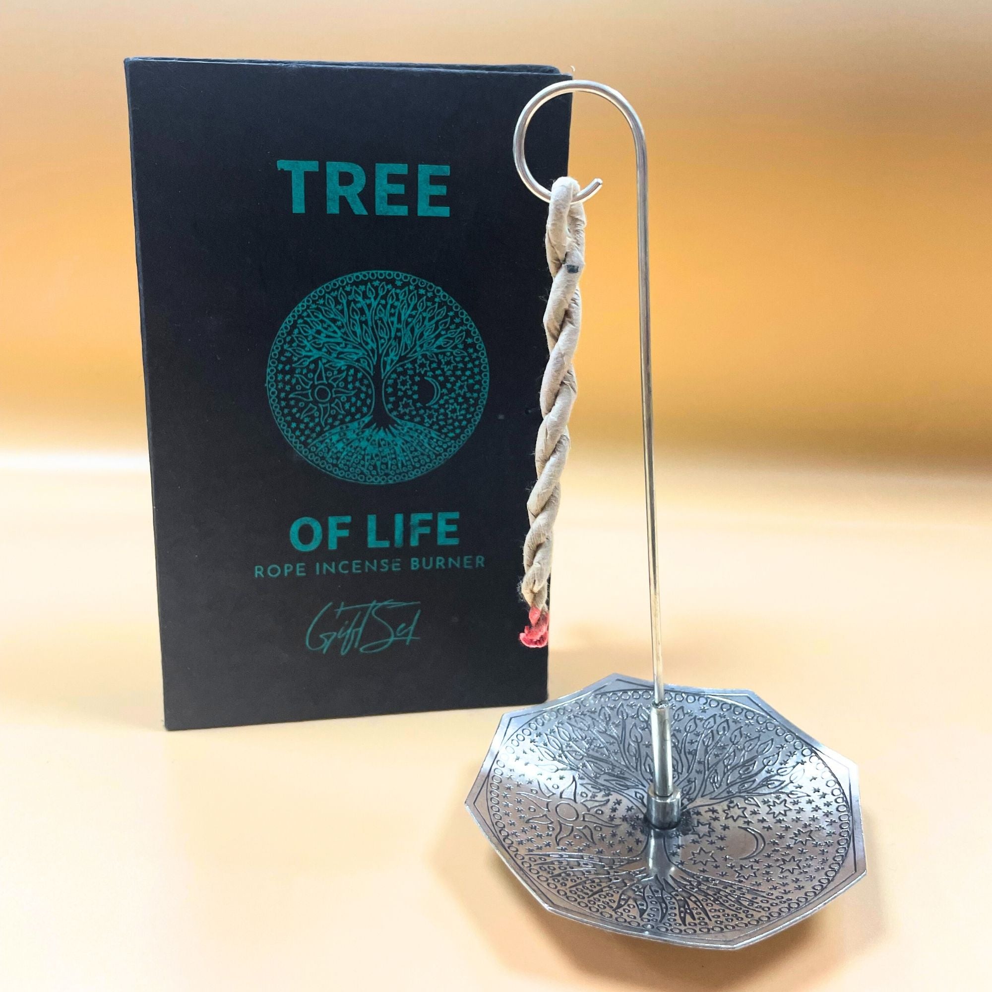 Rope Incense and Silver Plated Holder Set with Tree of Life Design